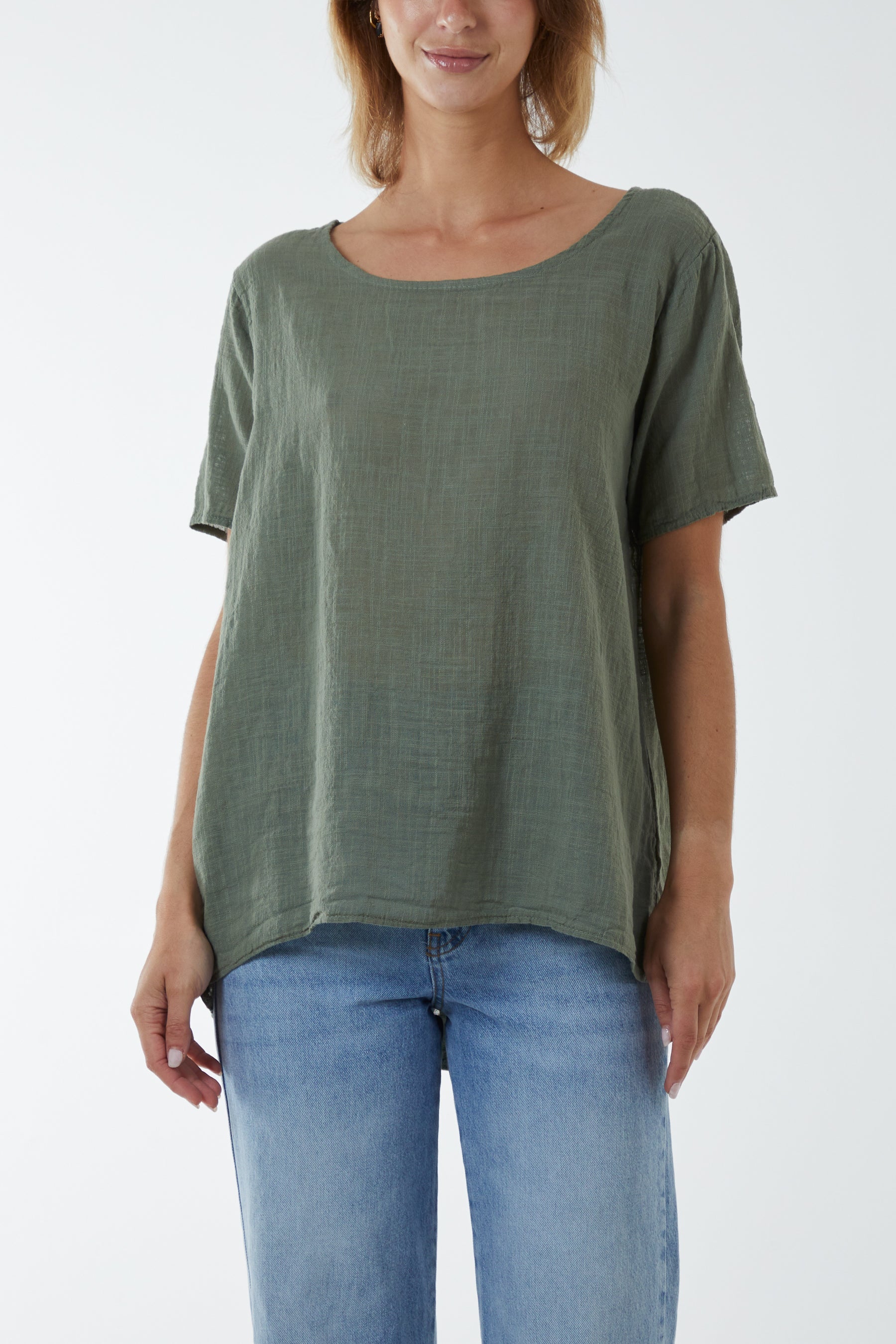 Round Neck Button Back Top Tops WearAll Khaki One Size
