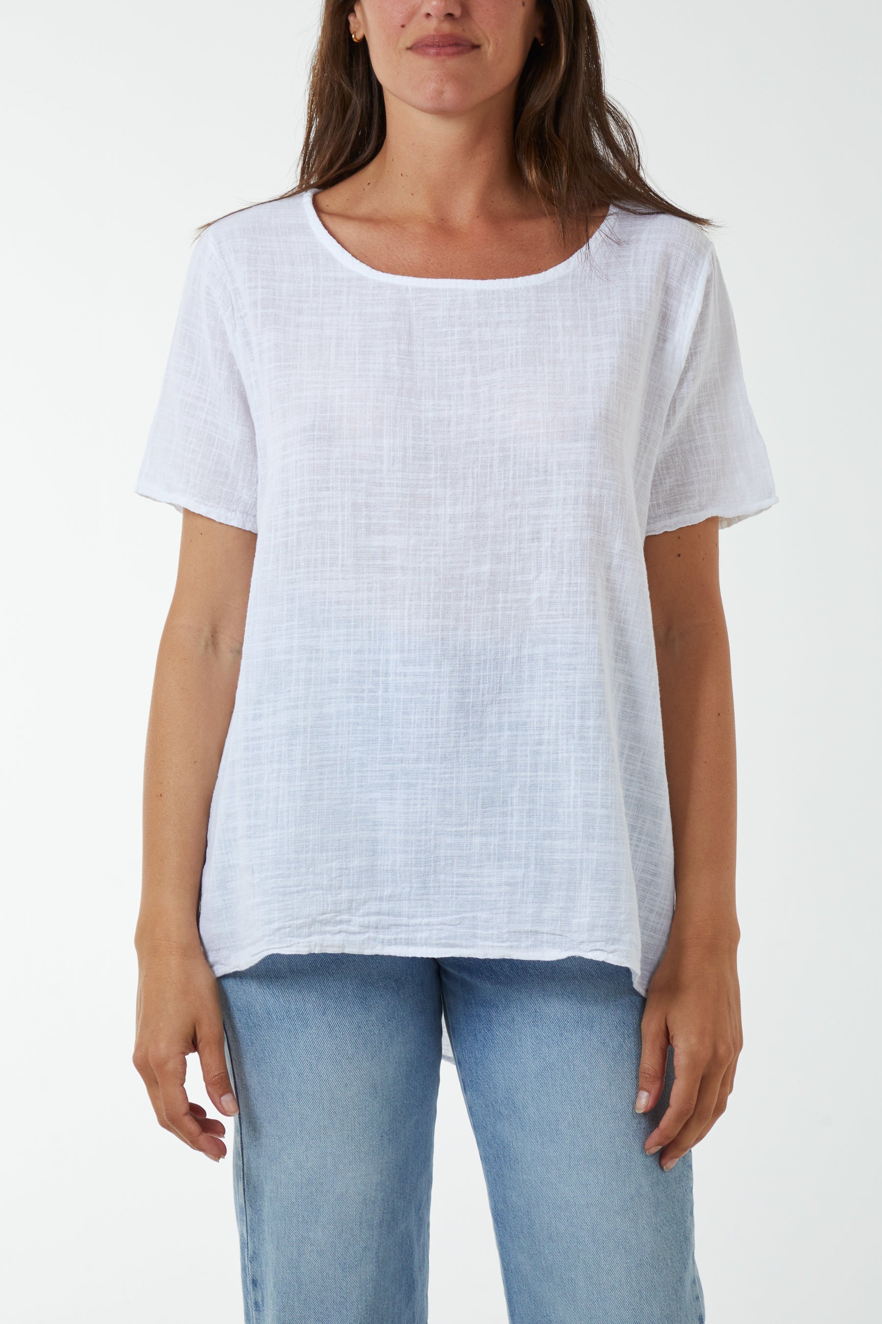 Round Neck Button Back Top Tops WearAll White One Size