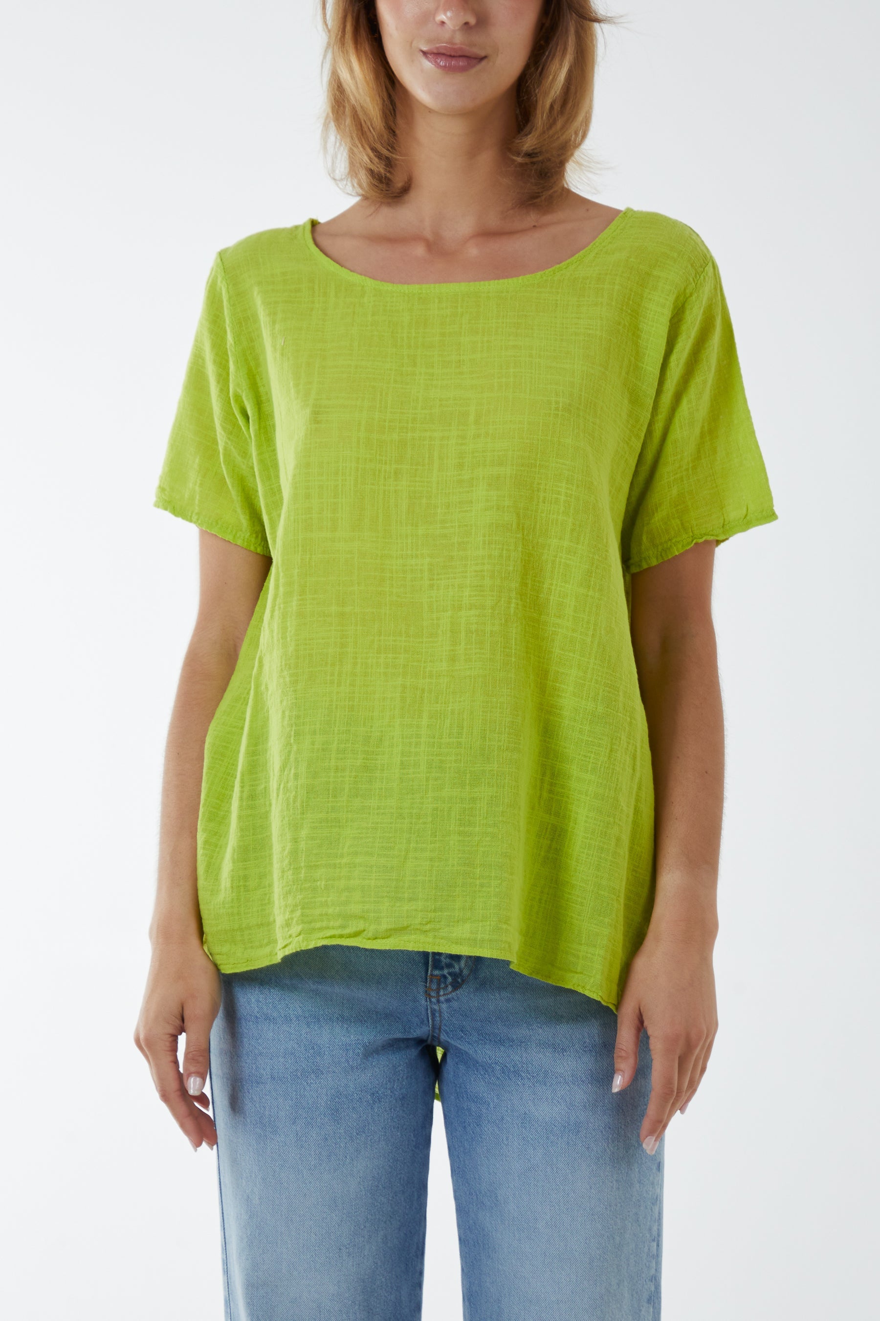Round Neck Button Back Top Tops WearAll Lime One Size