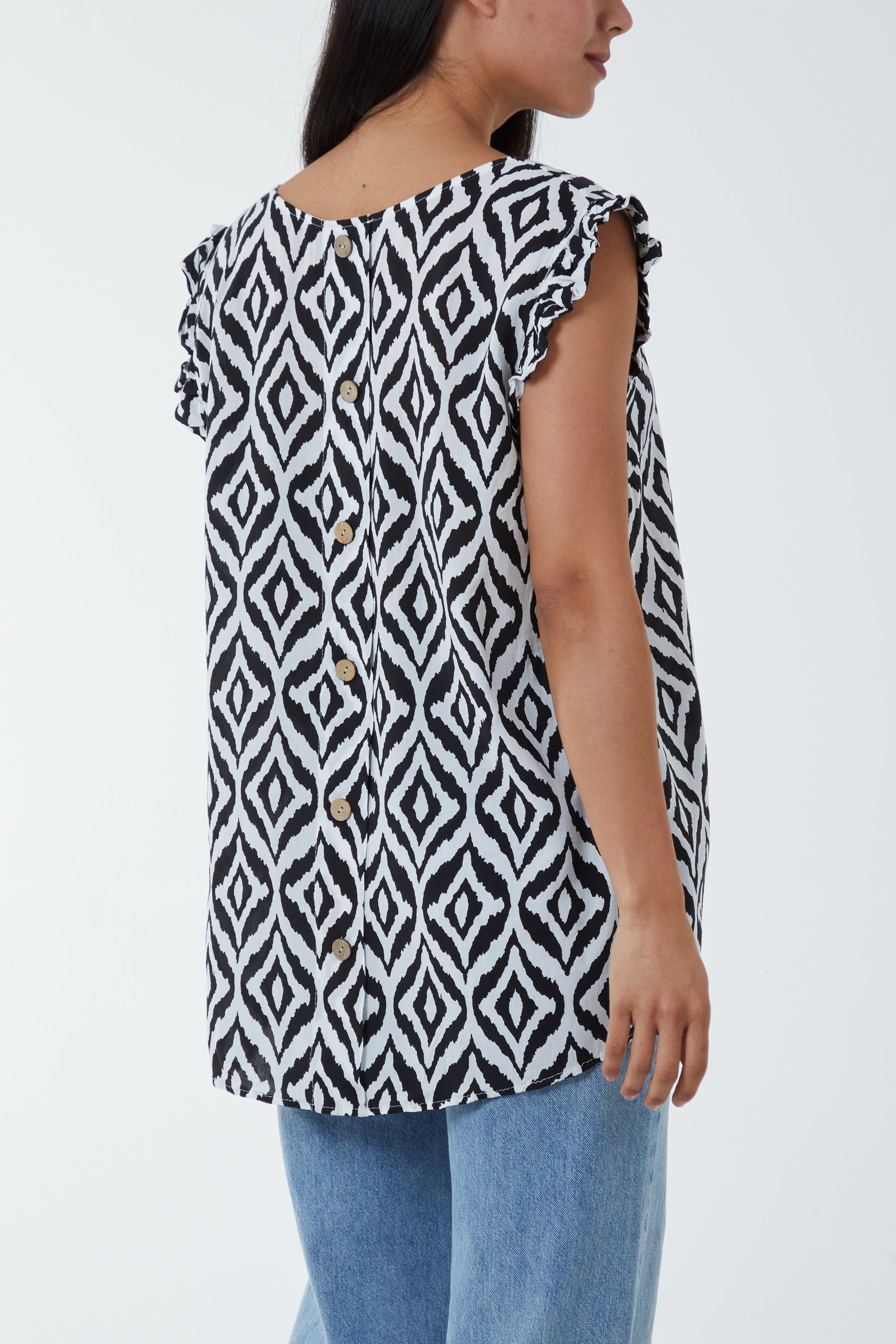Geometric Print Frill Sleeve Top Blouses WearAll
