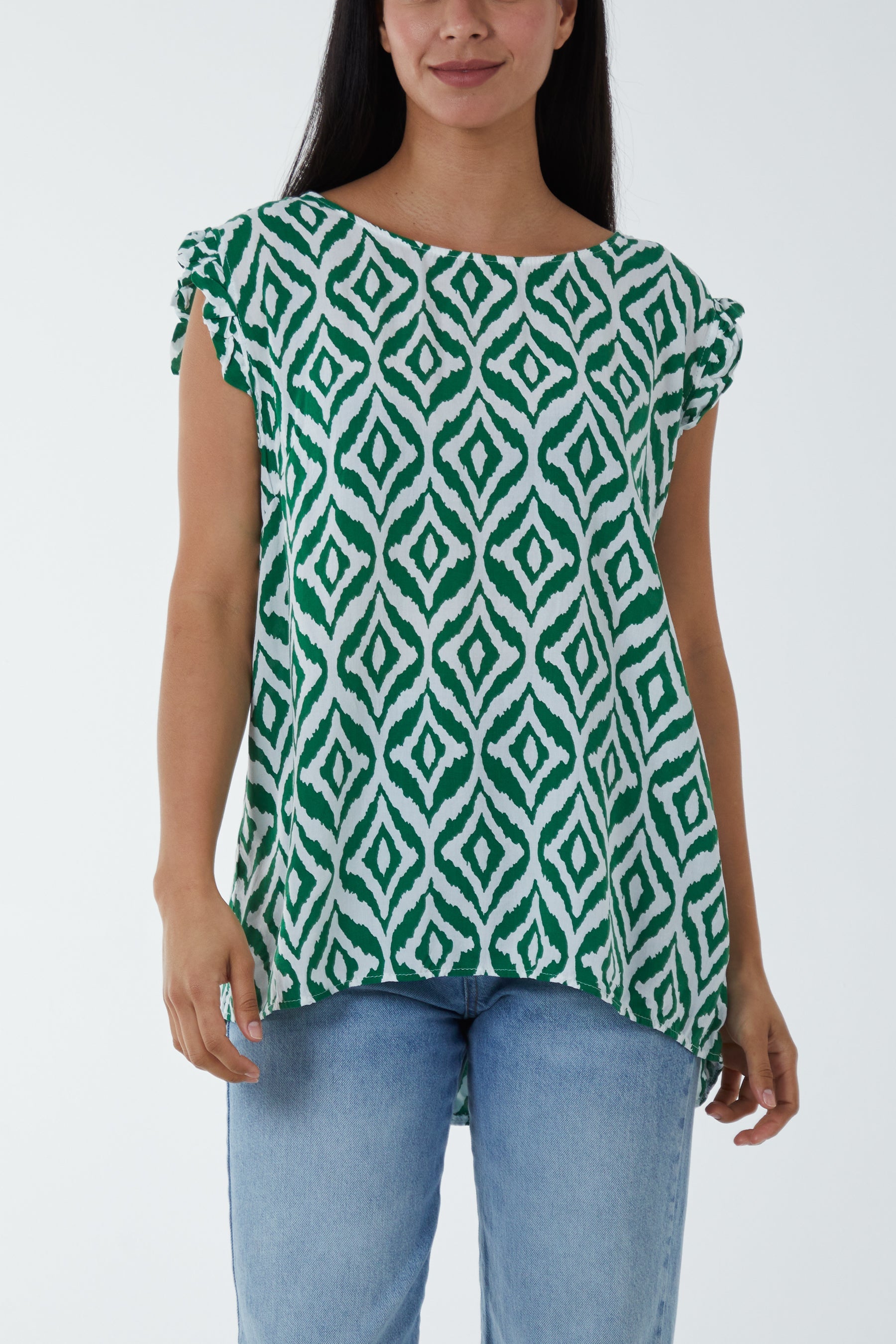 Geometric Print Frill Sleeve Top Blouses WearAll Jade One Size