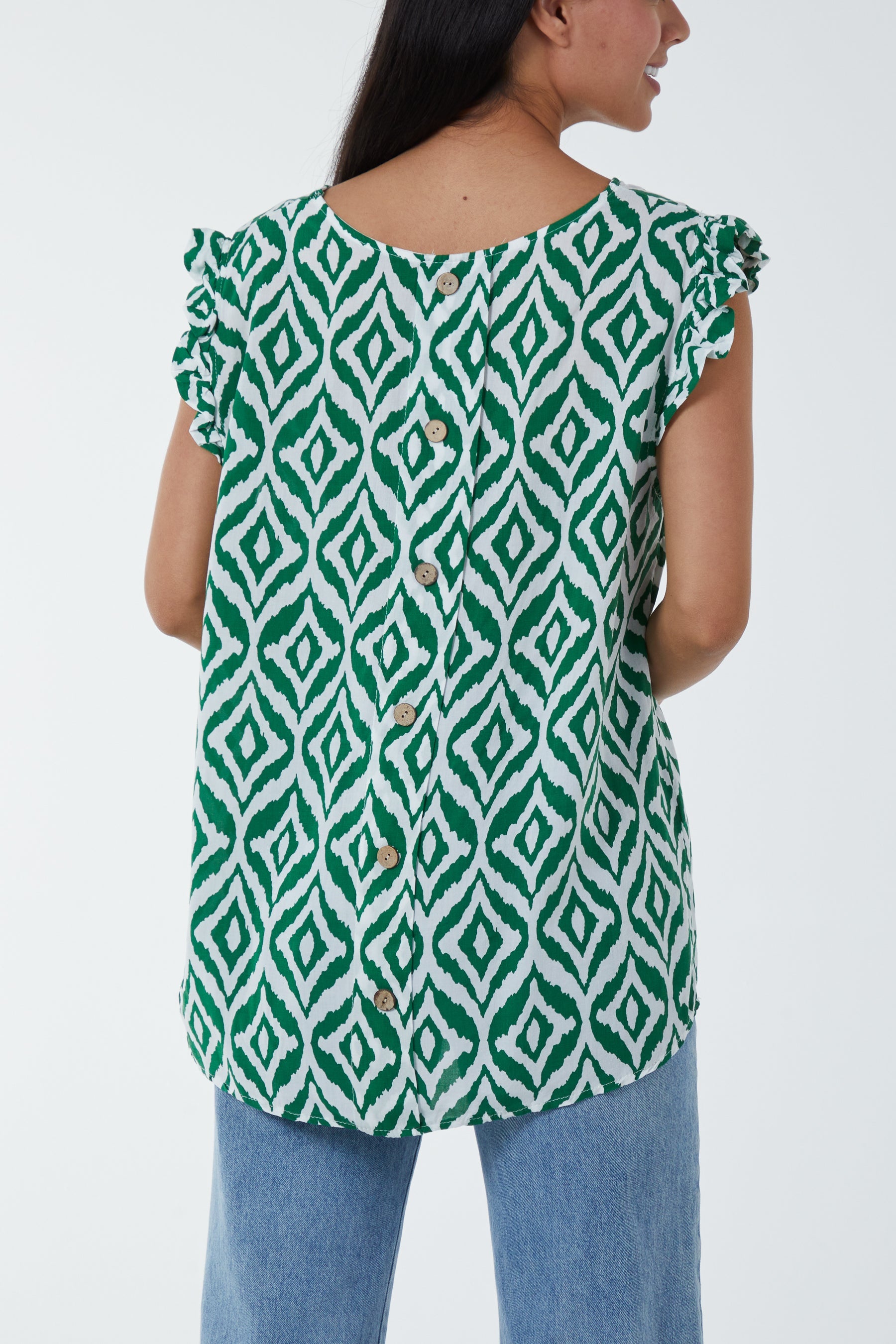 Geometric Print Frill Sleeve Top Blouses WearAll