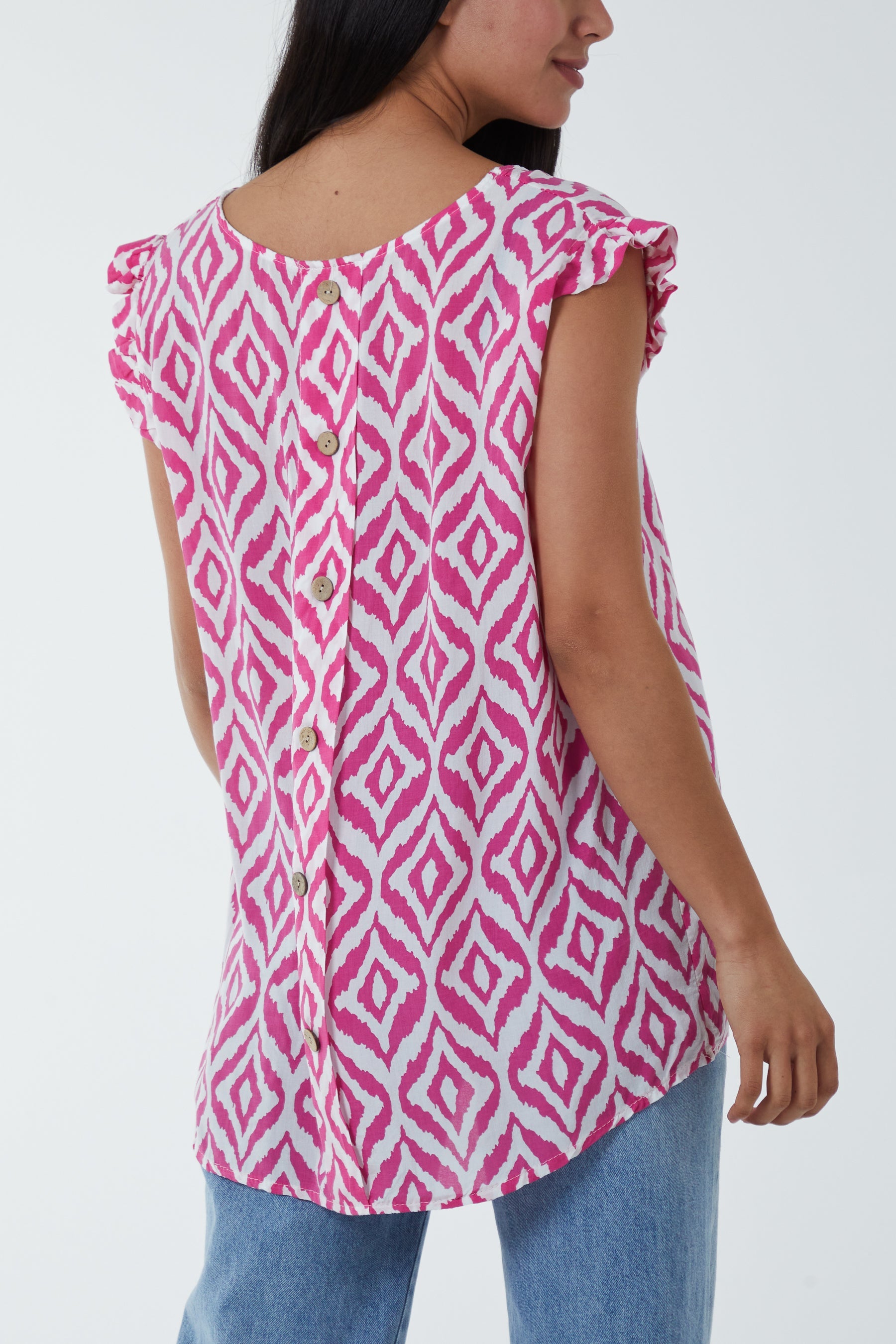 Geometric Print Frill Sleeve Top Blouses WearAll