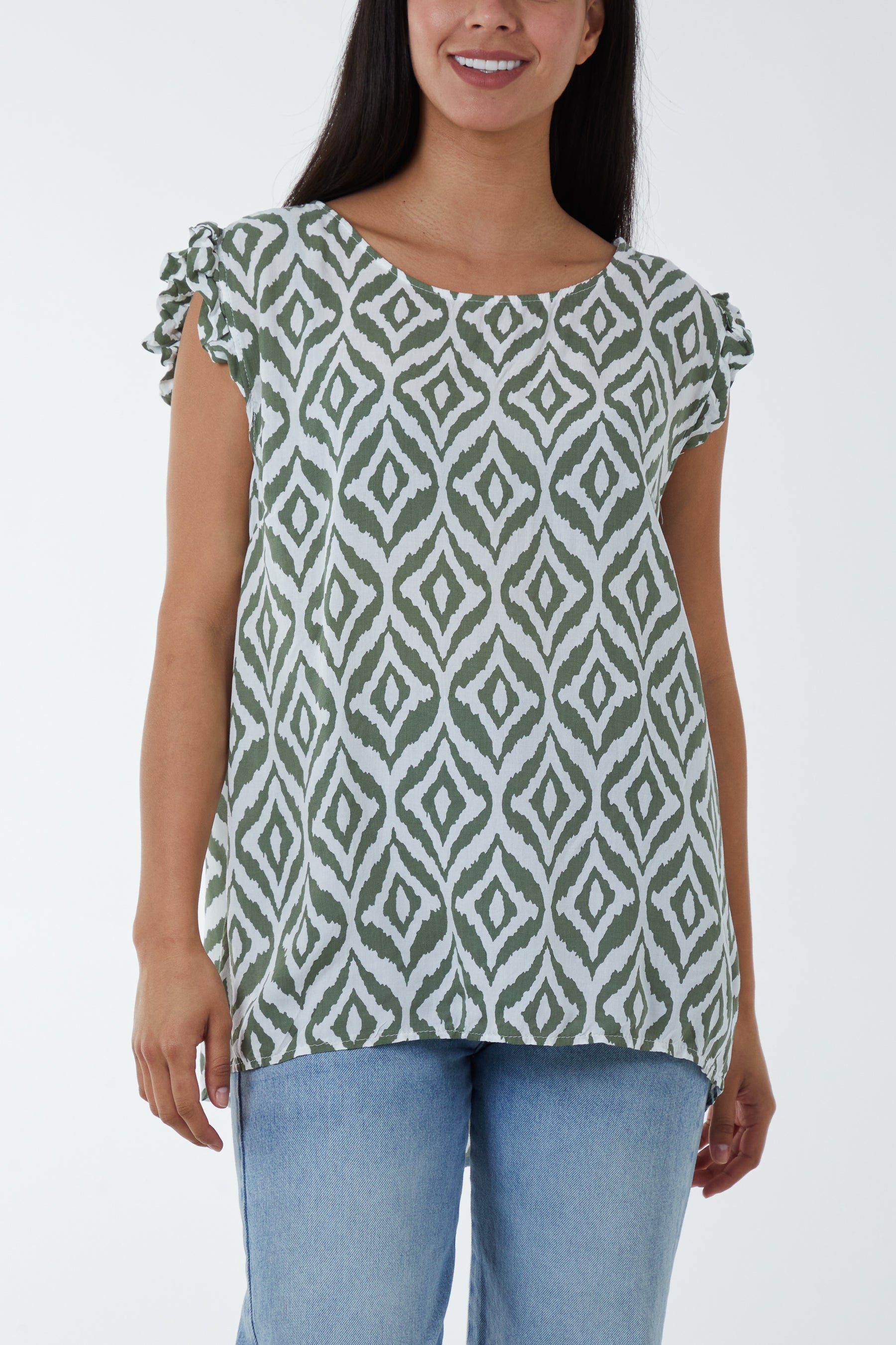 Geometric Print Frill Sleeve Top Blouses WearAll Khaki One Size