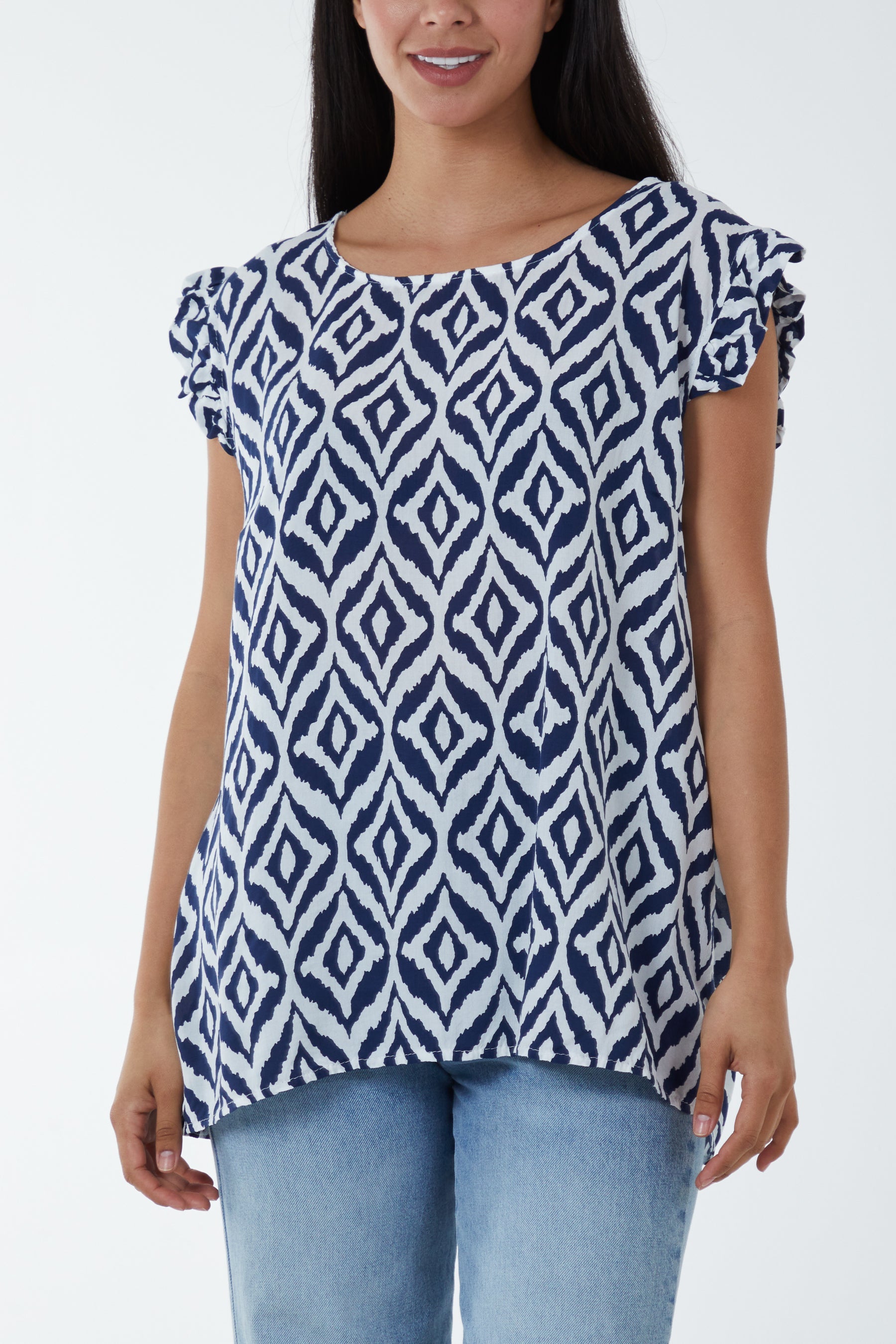 Geometric Print Frill Sleeve Top Blouses WearAll Navy One Size