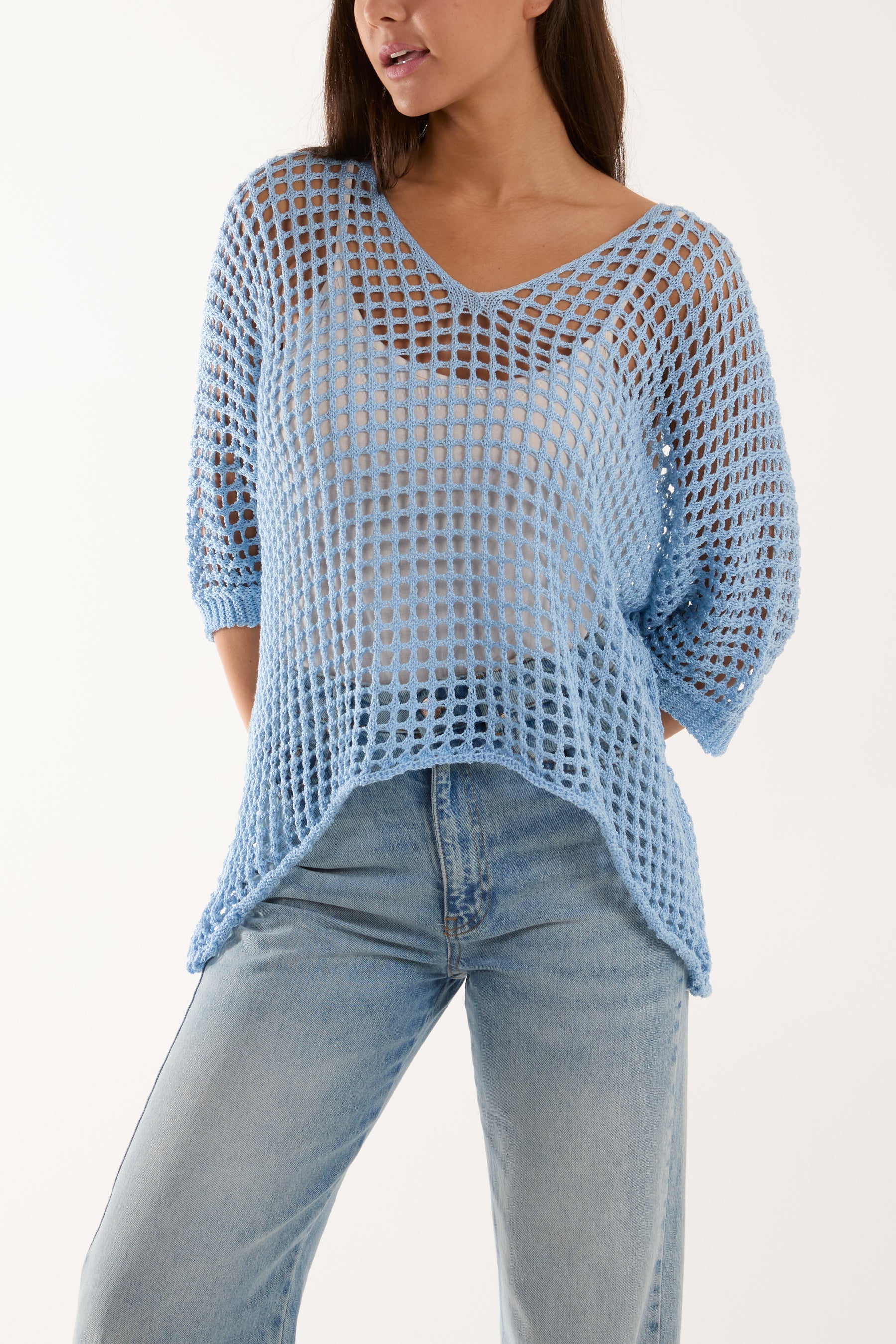 Round Neck Short Sleeve Crochet Top Tops WearAll Light Blue One Size