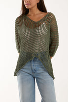Round Neck Short Sleeve Crochet Top Tops WearAll Khaki One Size