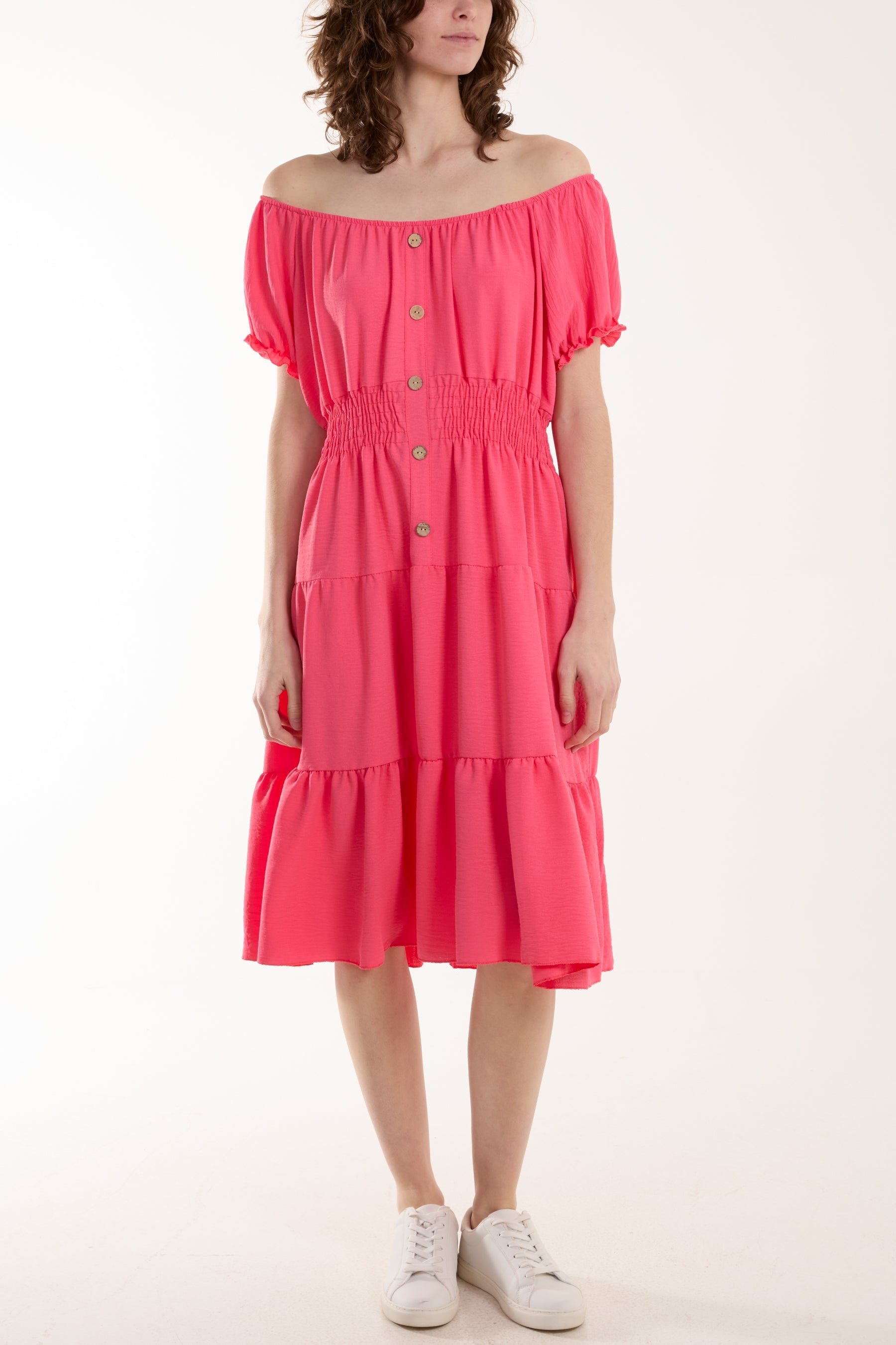 Bardot Shirred Bodice Tiered Dress Dresses WearAll Coral One Size