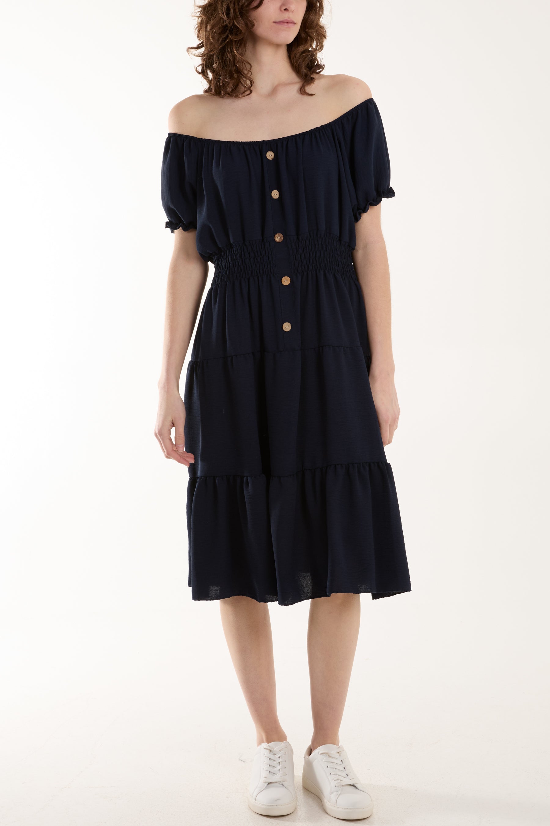 Bardot Shirred Bodice Tiered Dress Dresses WearAll Navy One Size