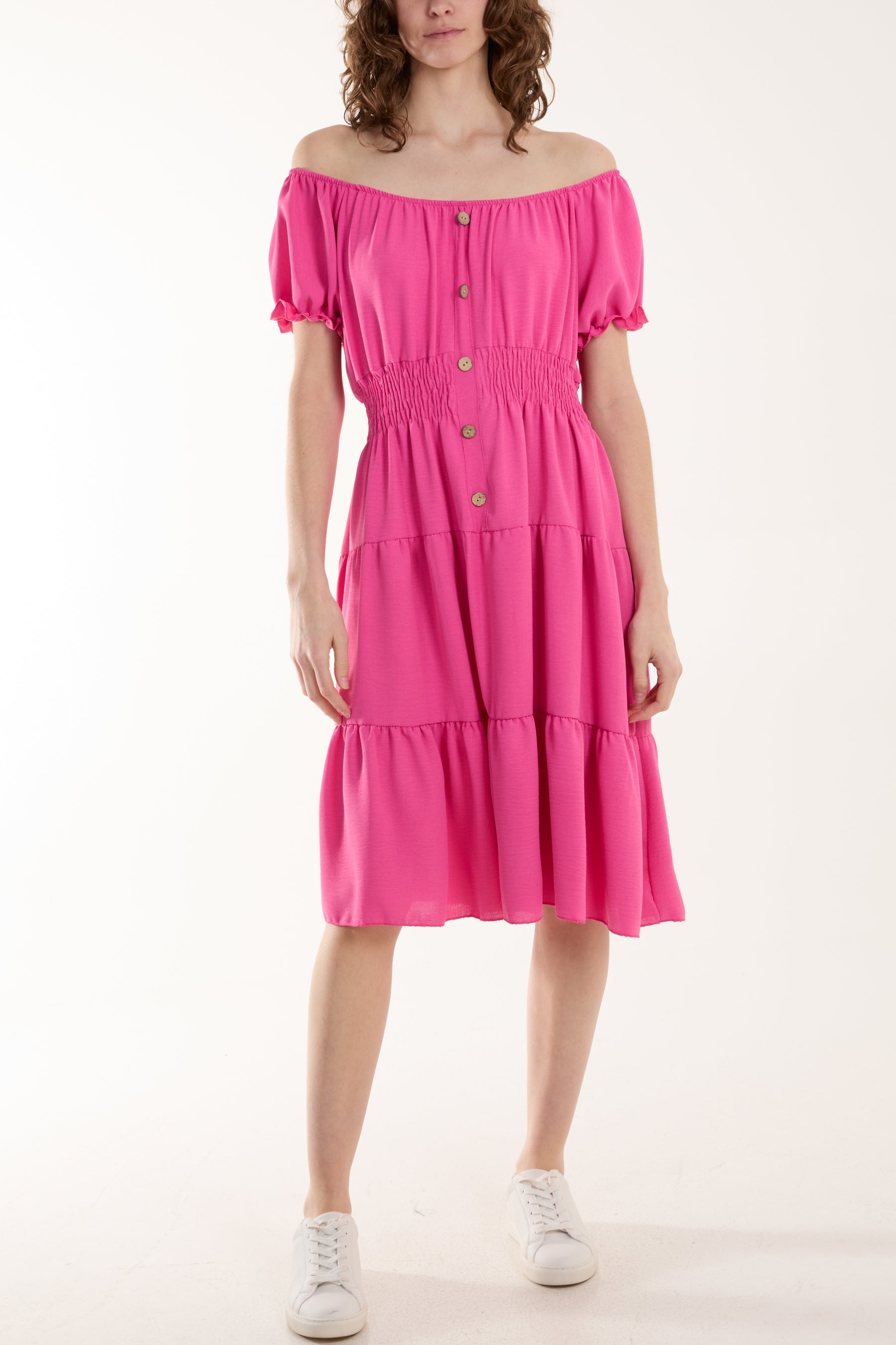 Bardot Shirred Bodice Tiered Dress Dresses WearAll Fuchsia One Size