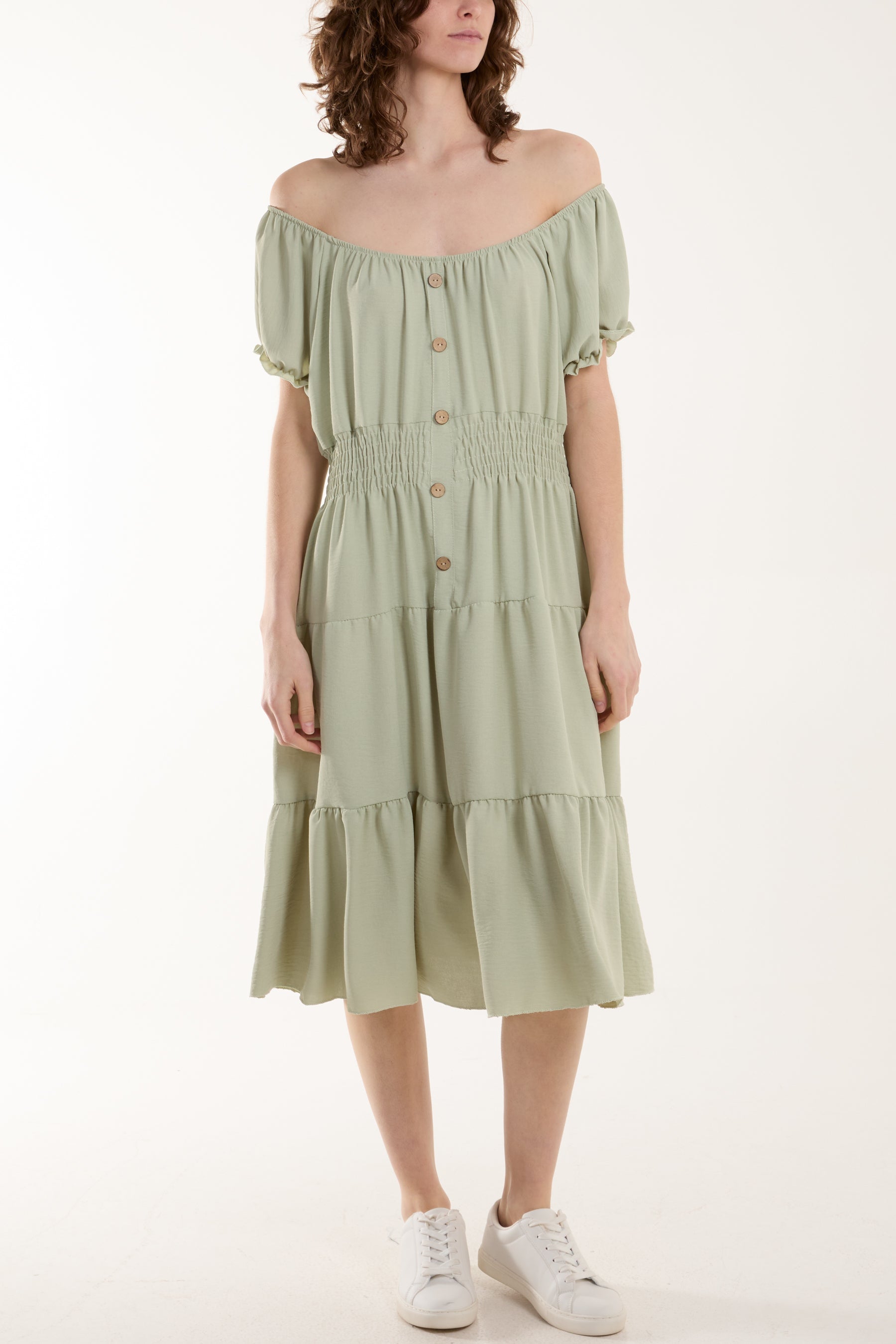 Bardot Shirred Bodice Tiered Dress Dresses WearAll Sage One Size