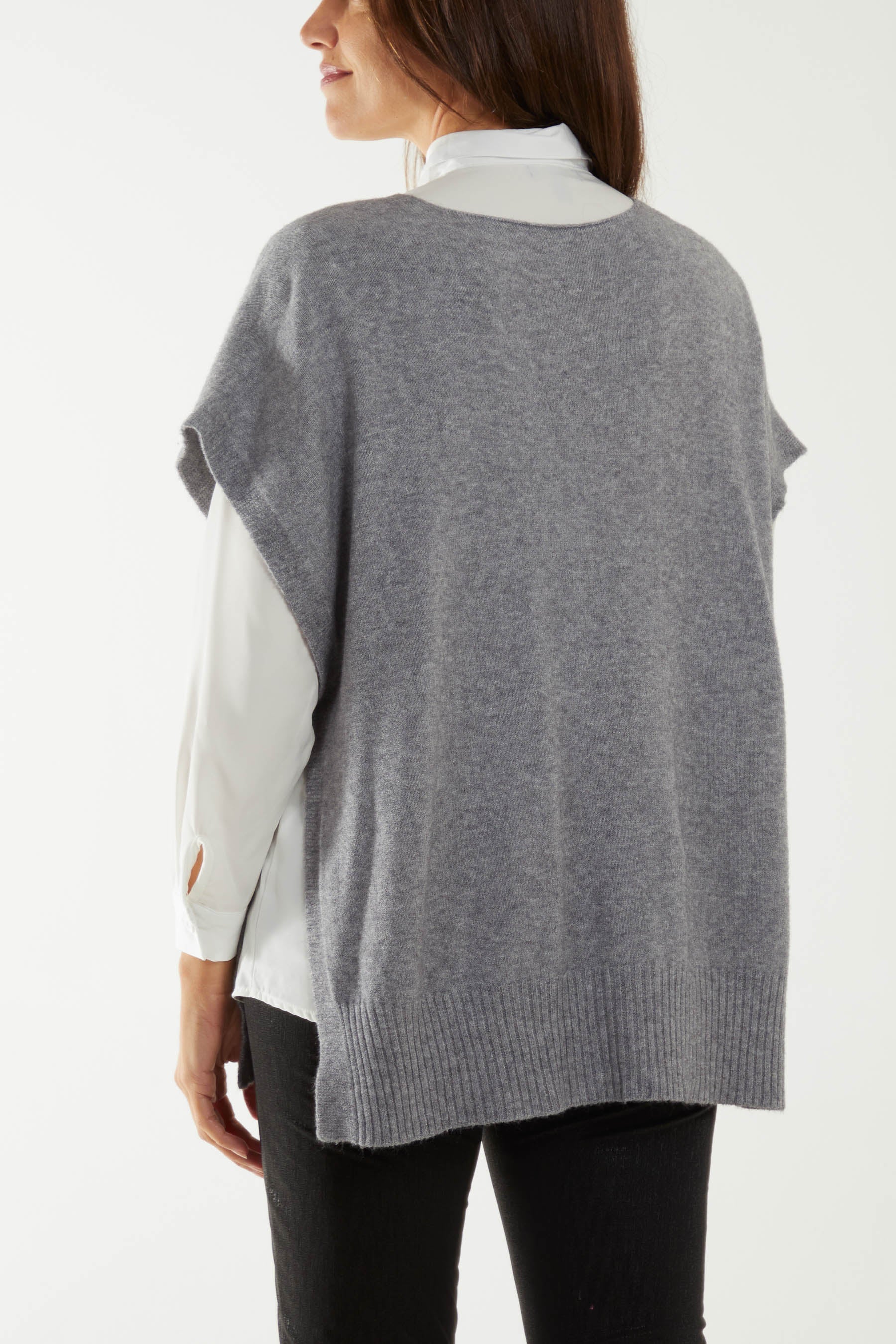 V-Neck Side Split Knit Vest Ponchos WearAll