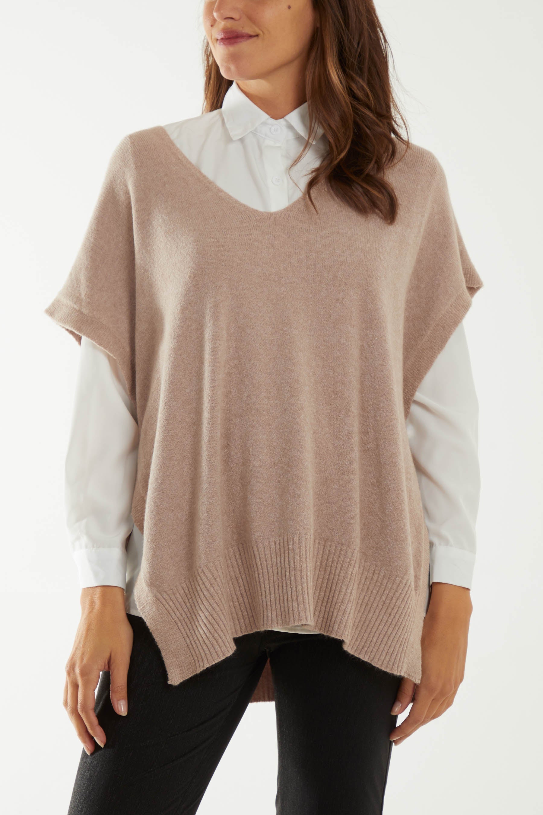 V-Neck Side Split Knit Vest Ponchos WearAll Mocha One Size