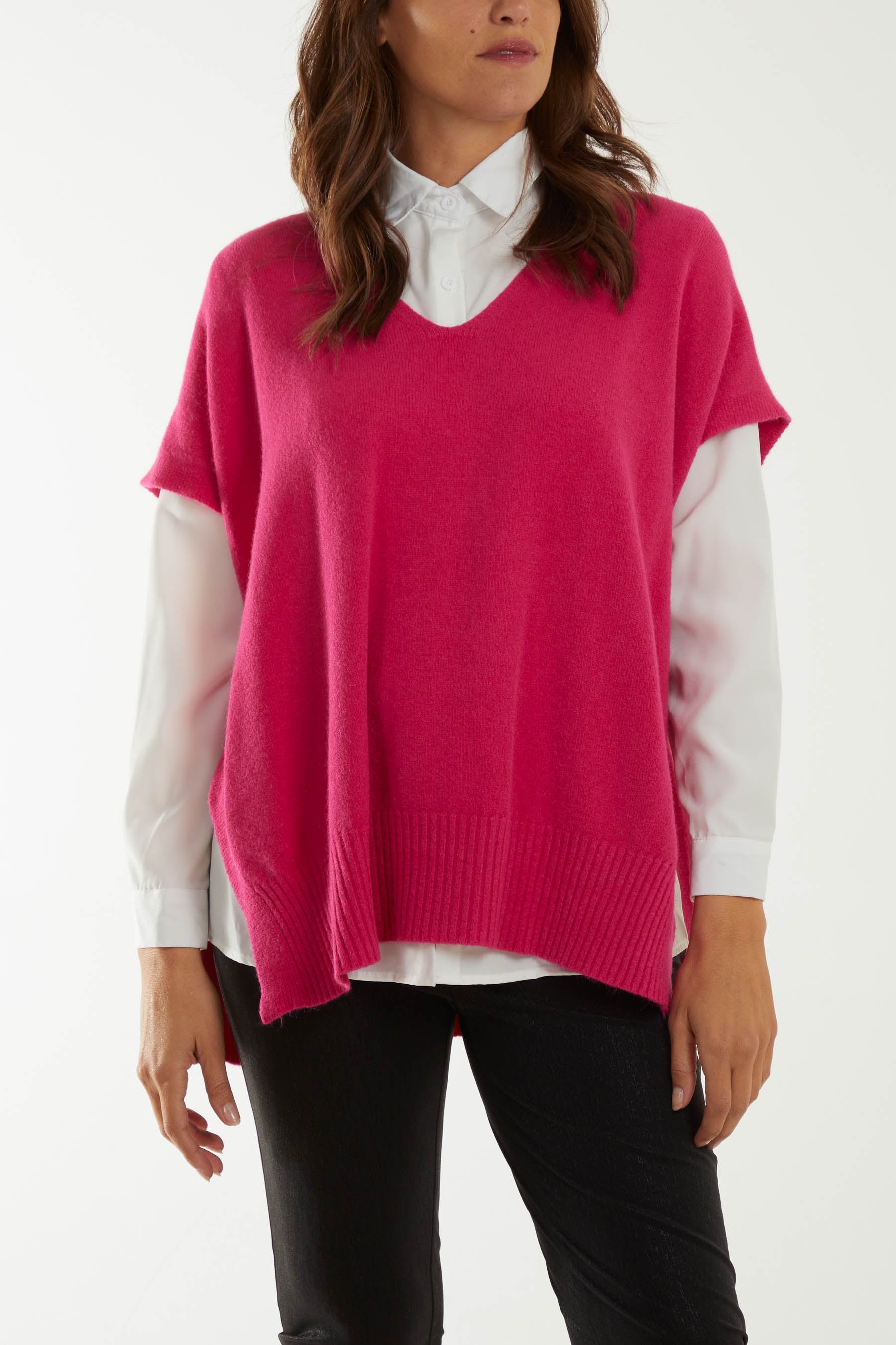 V-Neck Side Split Knit Vest Ponchos WearAll Fuchsia One Size