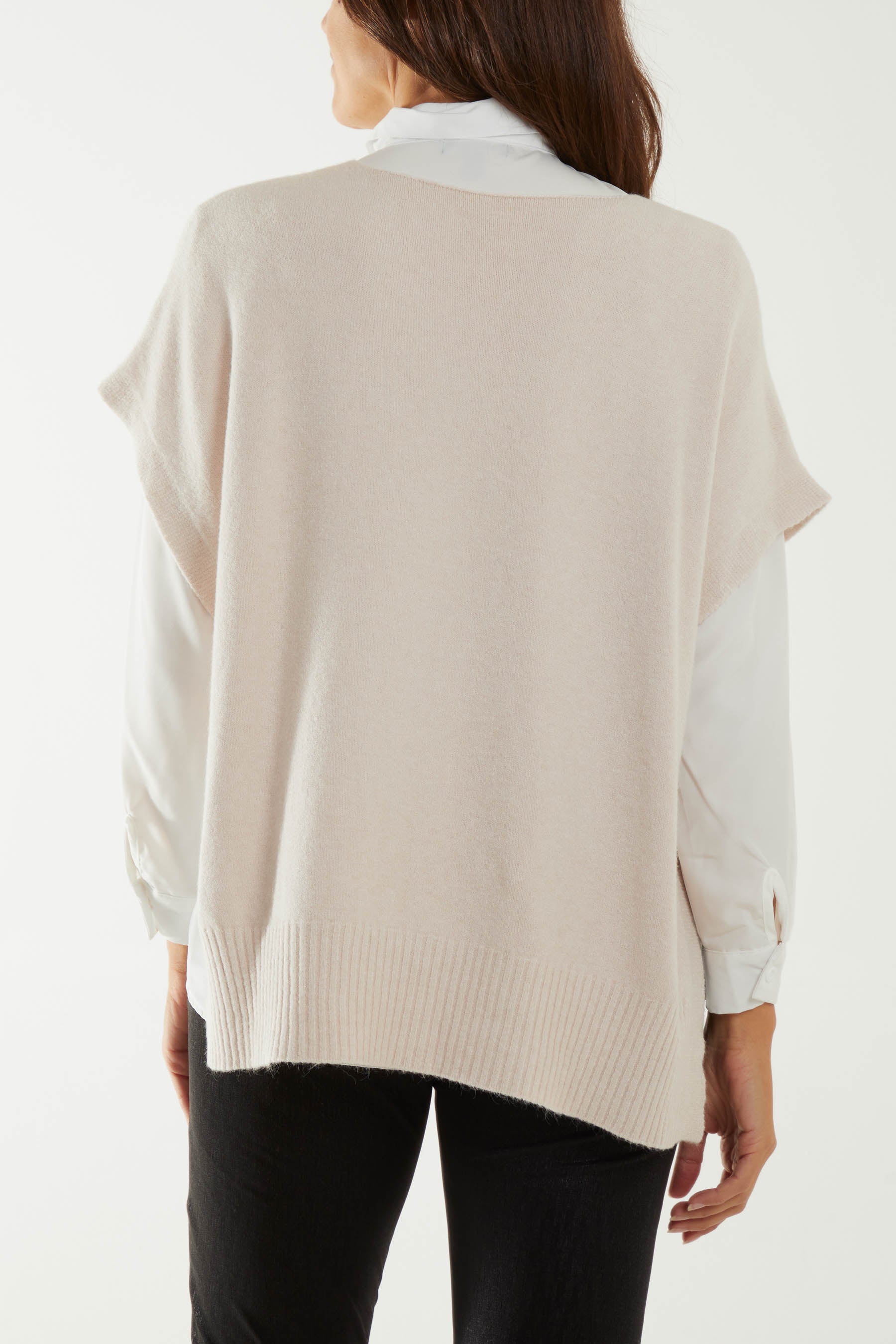 V-Neck Side Split Knit Vest Ponchos WearAll