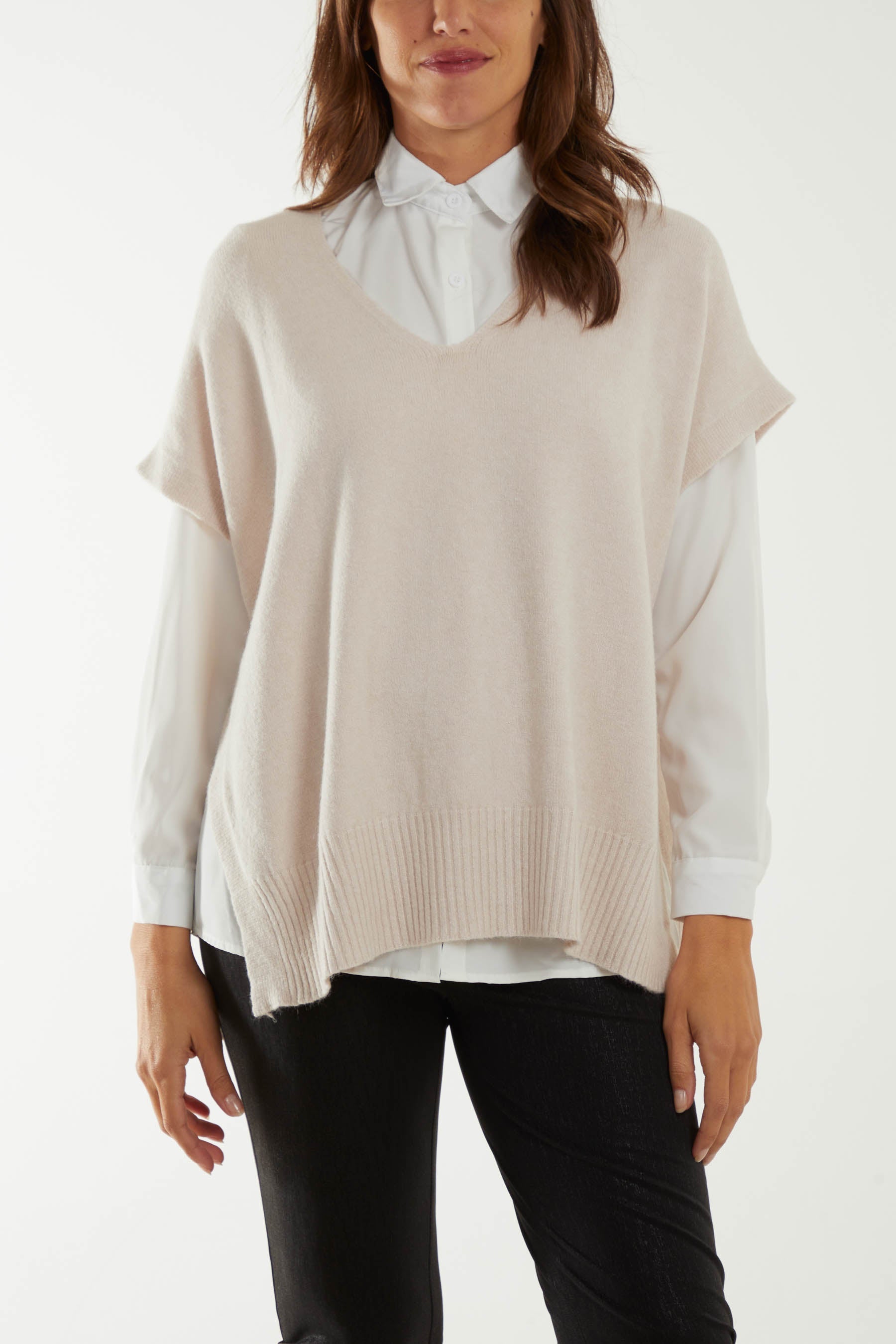 V-Neck Side Split Knit Vest Ponchos WearAll Beige One Size