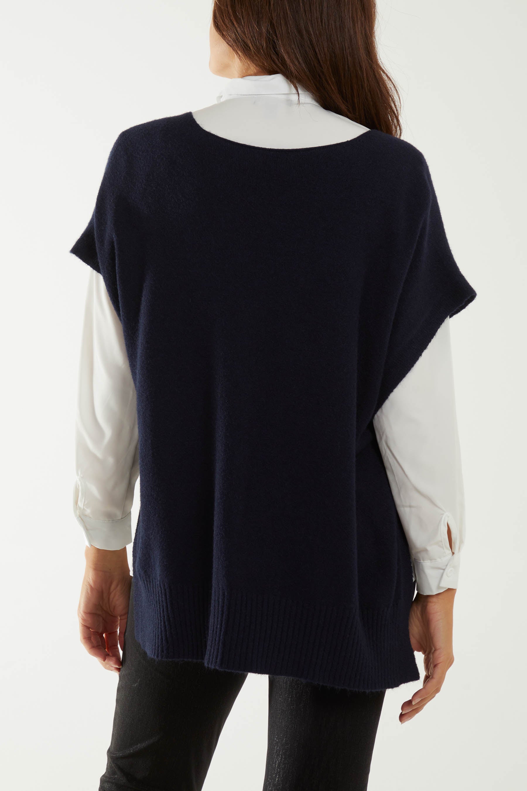 V-Neck Side Split Knit Vest Ponchos WearAll