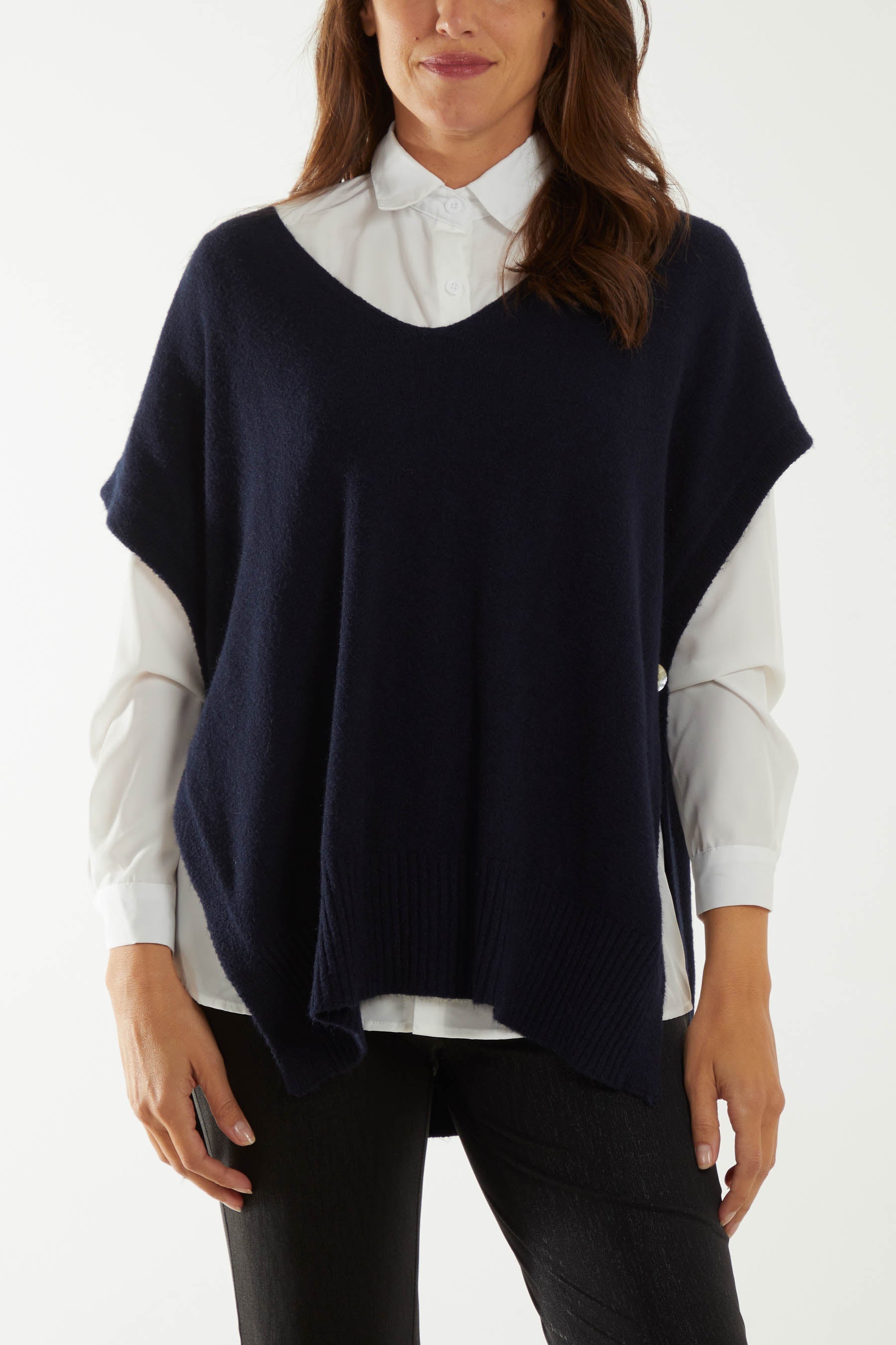 V-Neck Side Split Knit Vest Ponchos WearAll Navy One Size