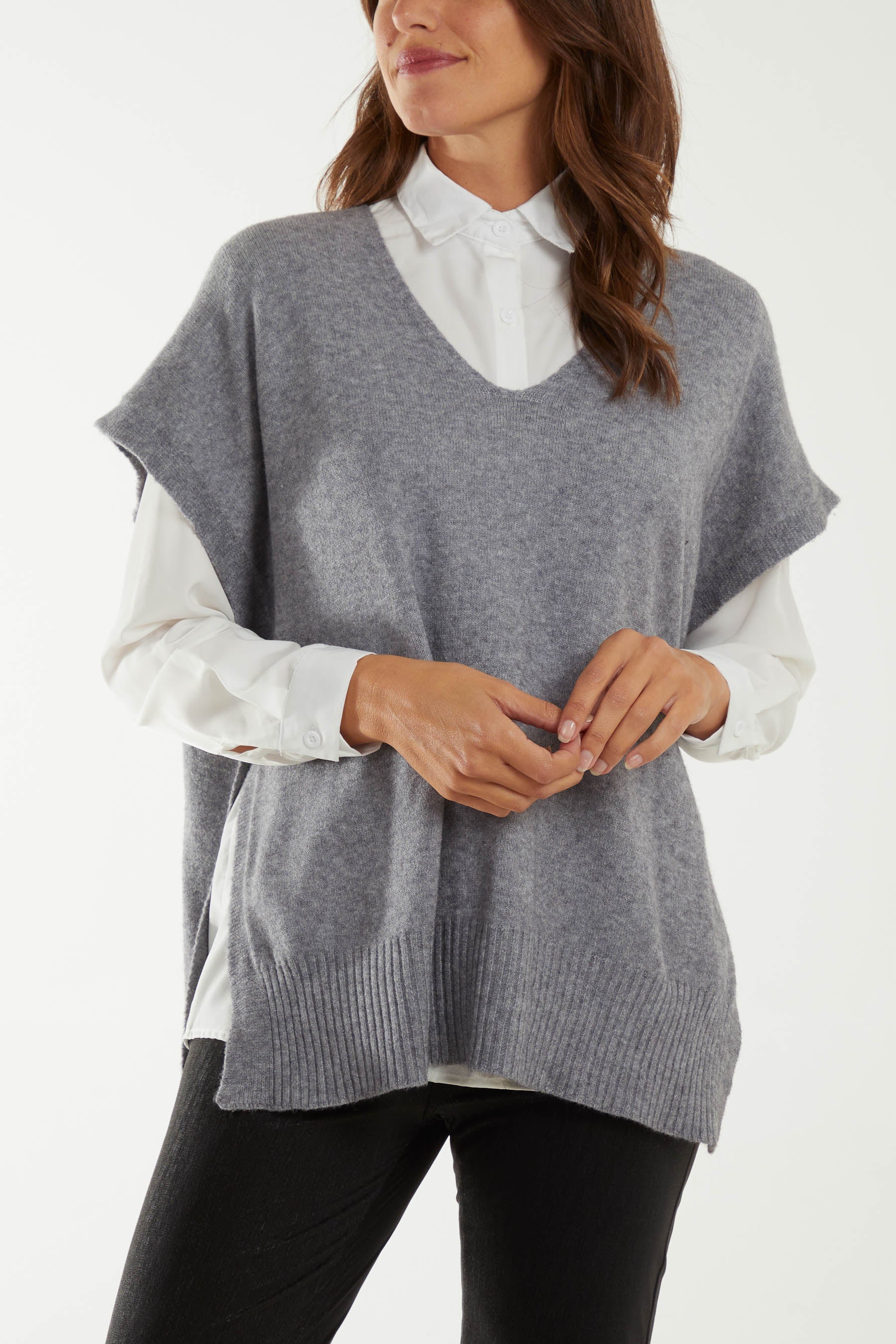 V-Neck Side Split Knit Vest Ponchos WearAll Grey One Size