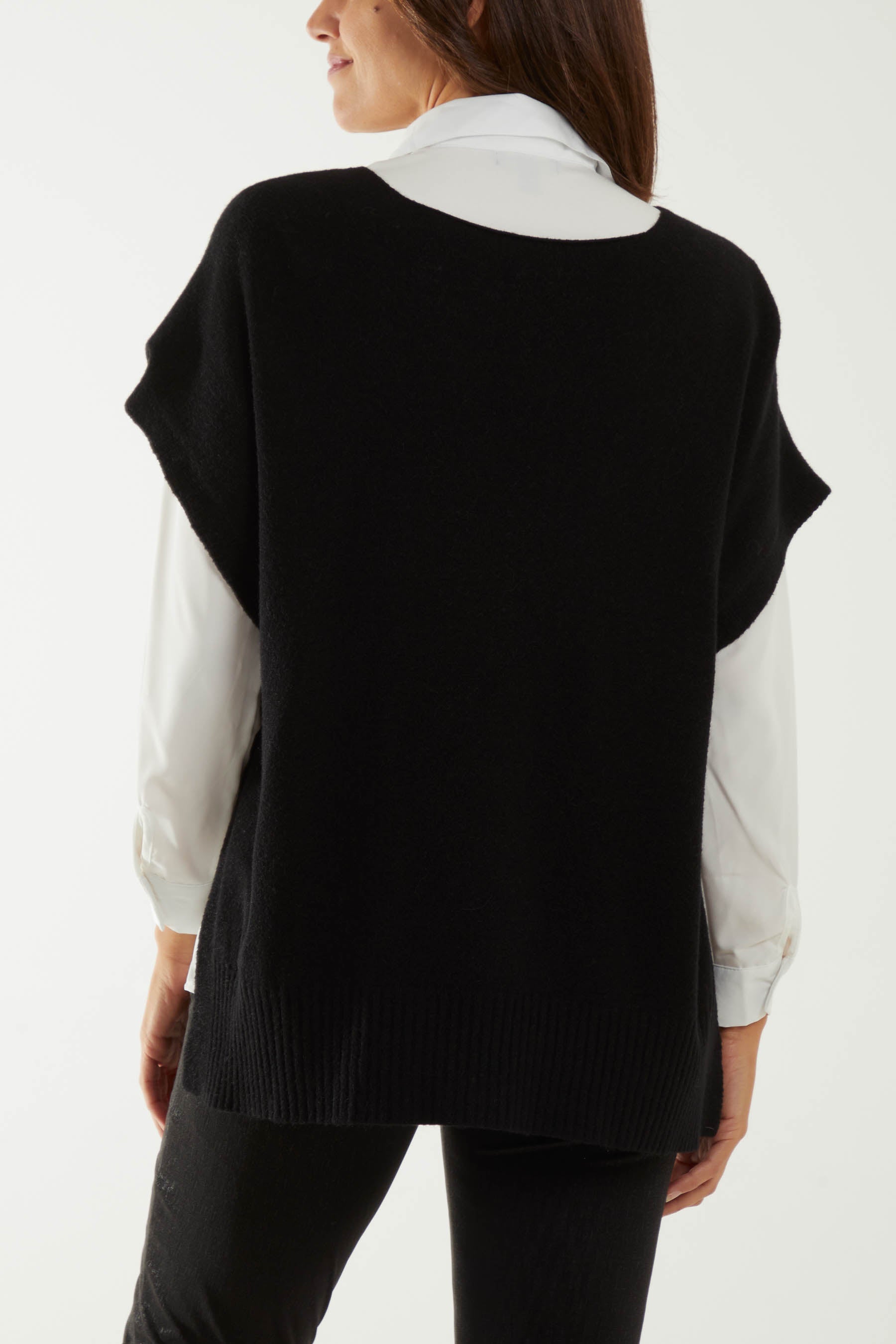 V-Neck Side Split Knit Vest Ponchos WearAll
