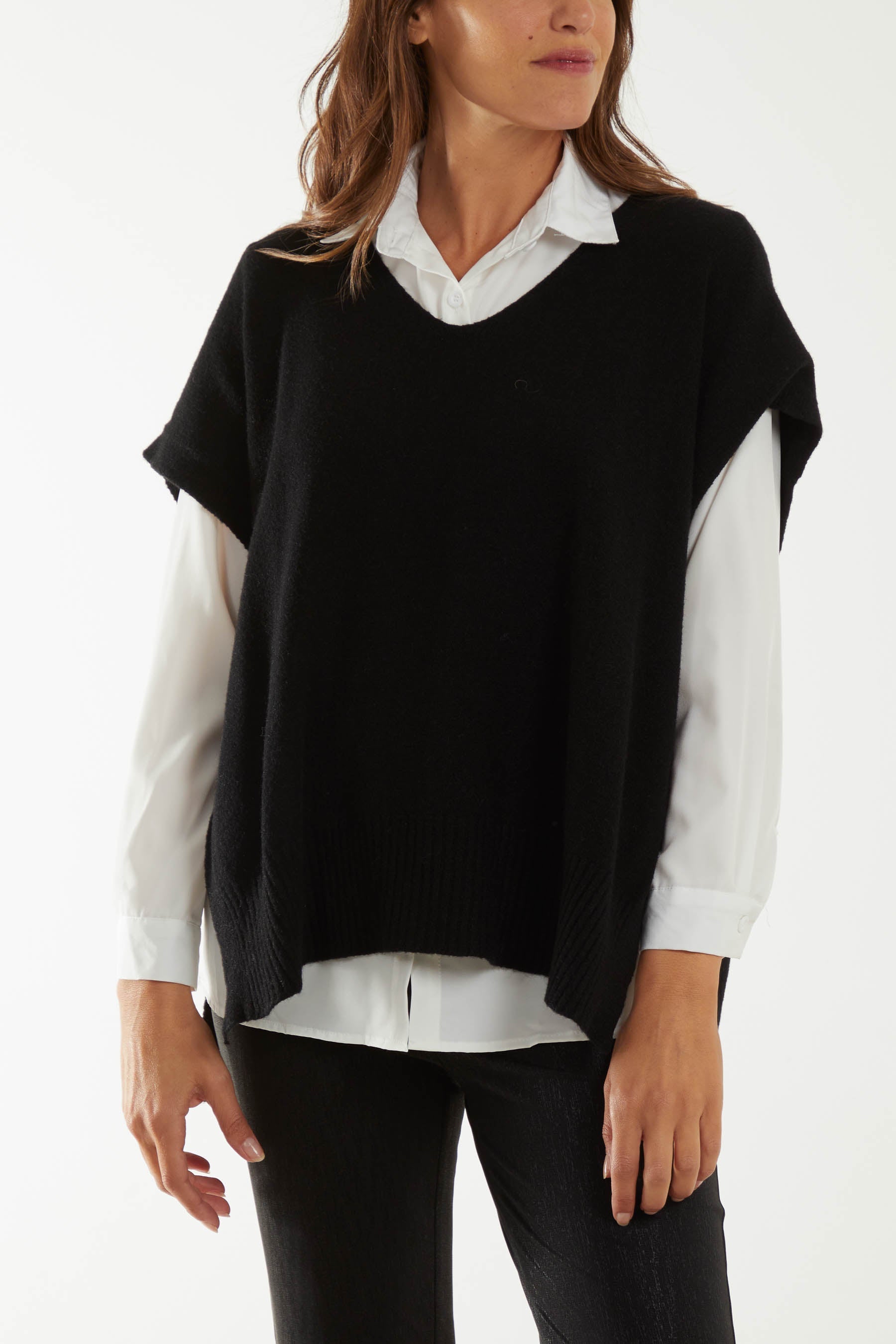 V-Neck Side Split Knit Vest Ponchos WearAll Black One Size