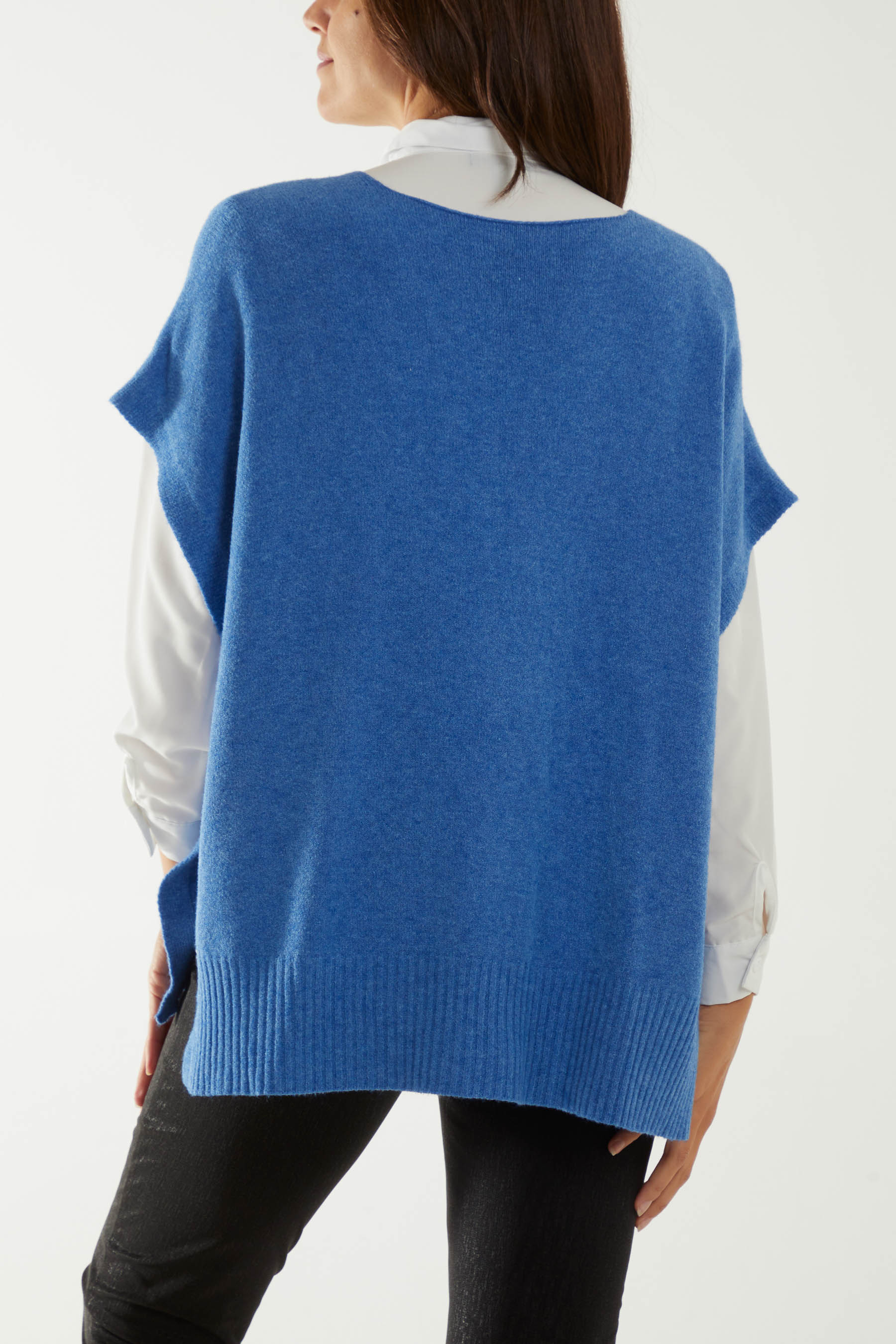 V-Neck Side Split Knit Vest Ponchos WearAll