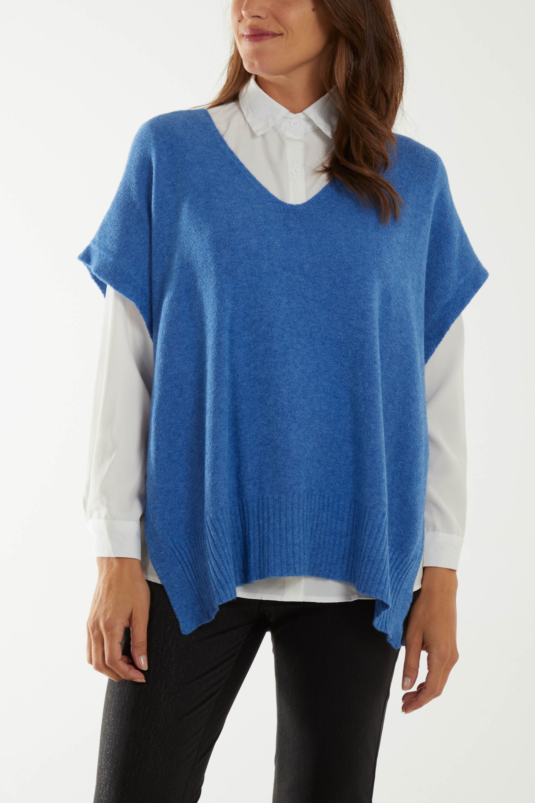 V-Neck Side Split Knit Vest Ponchos WearAll Denim One Size