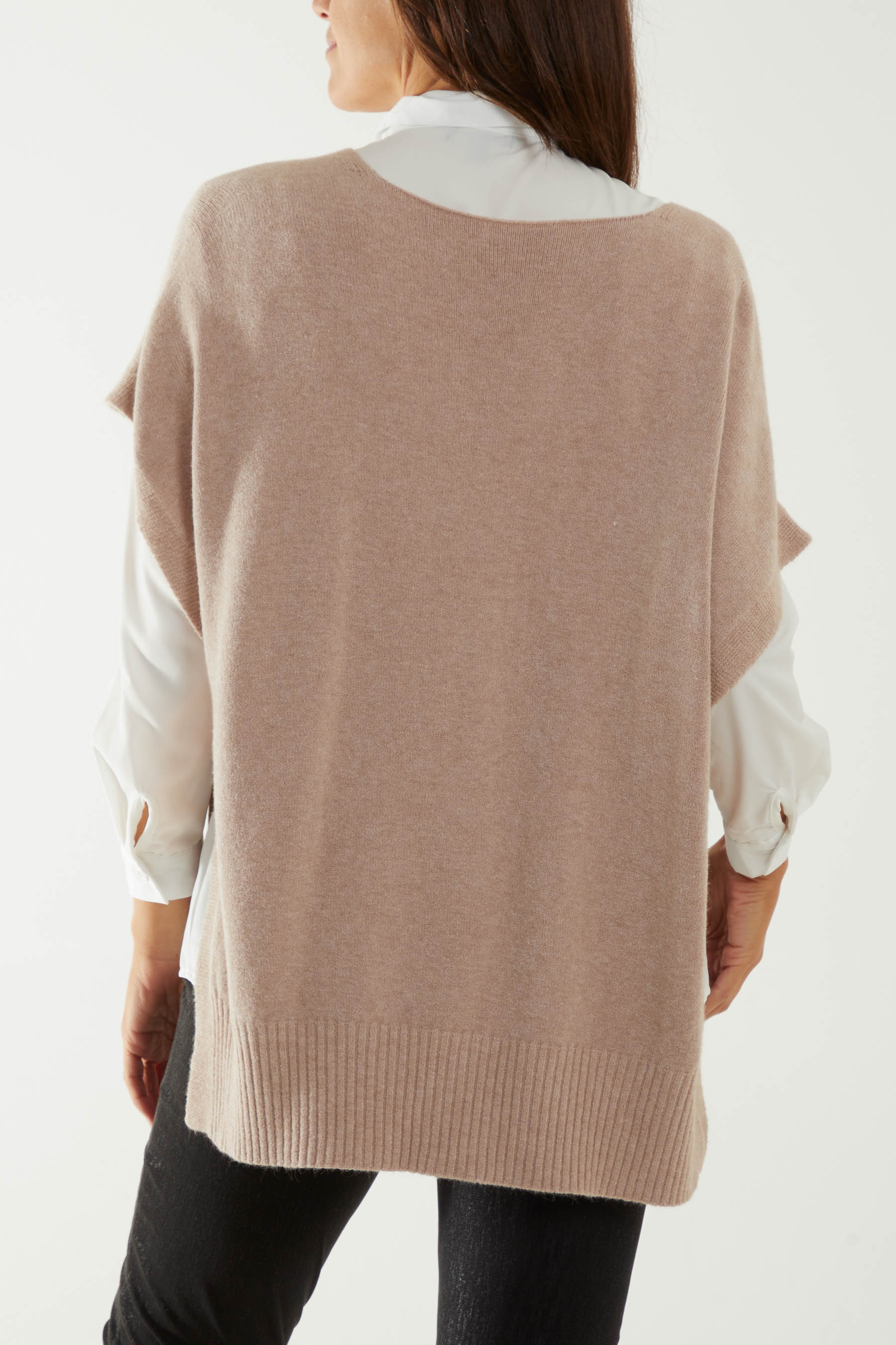 V-Neck Side Split Knit Vest Ponchos WearAll