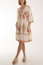 Shirred Bodice Printed Mini Dress Dresses WearAll Beige One Size