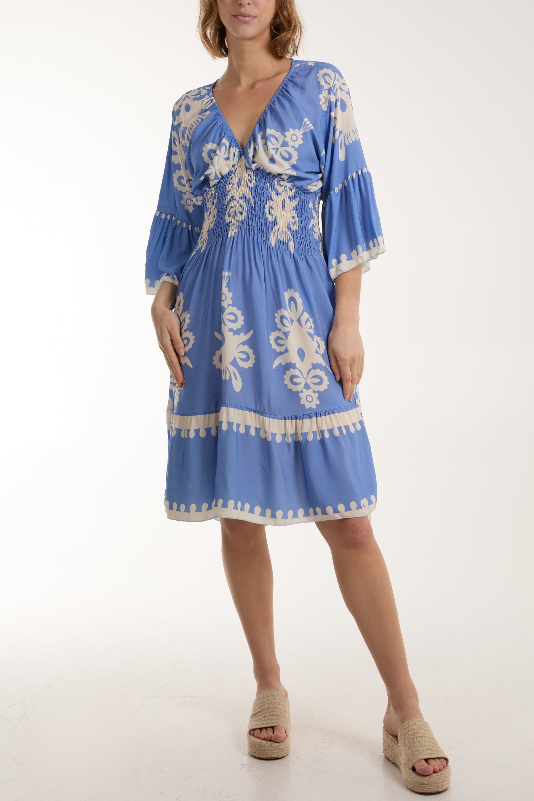 Shirred Bodice Printed Mini Dress Dresses WearAll Denim One Size