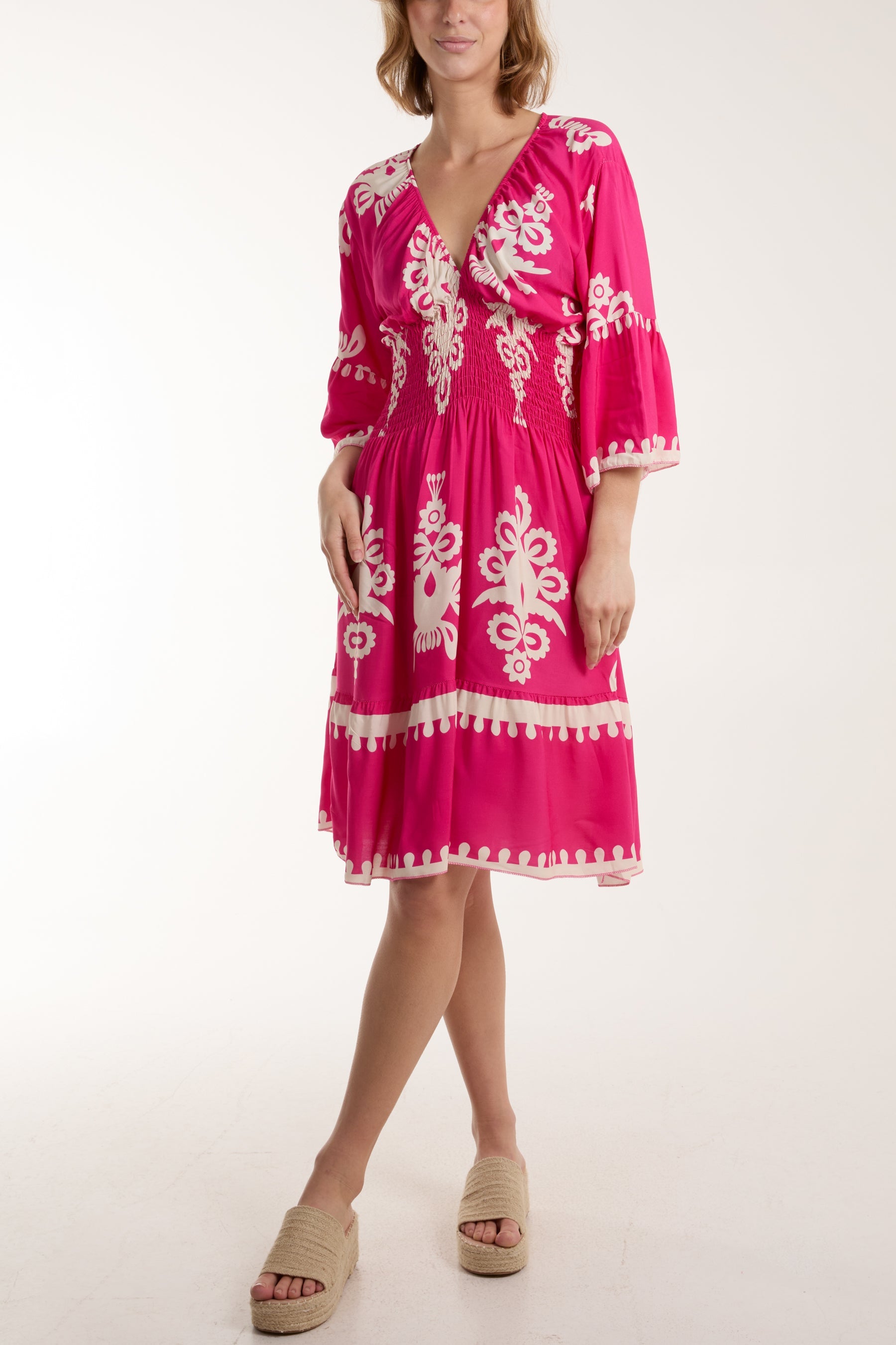 Shirred Bodice Printed Mini Dress Dresses WearAll Fuchsia One Size