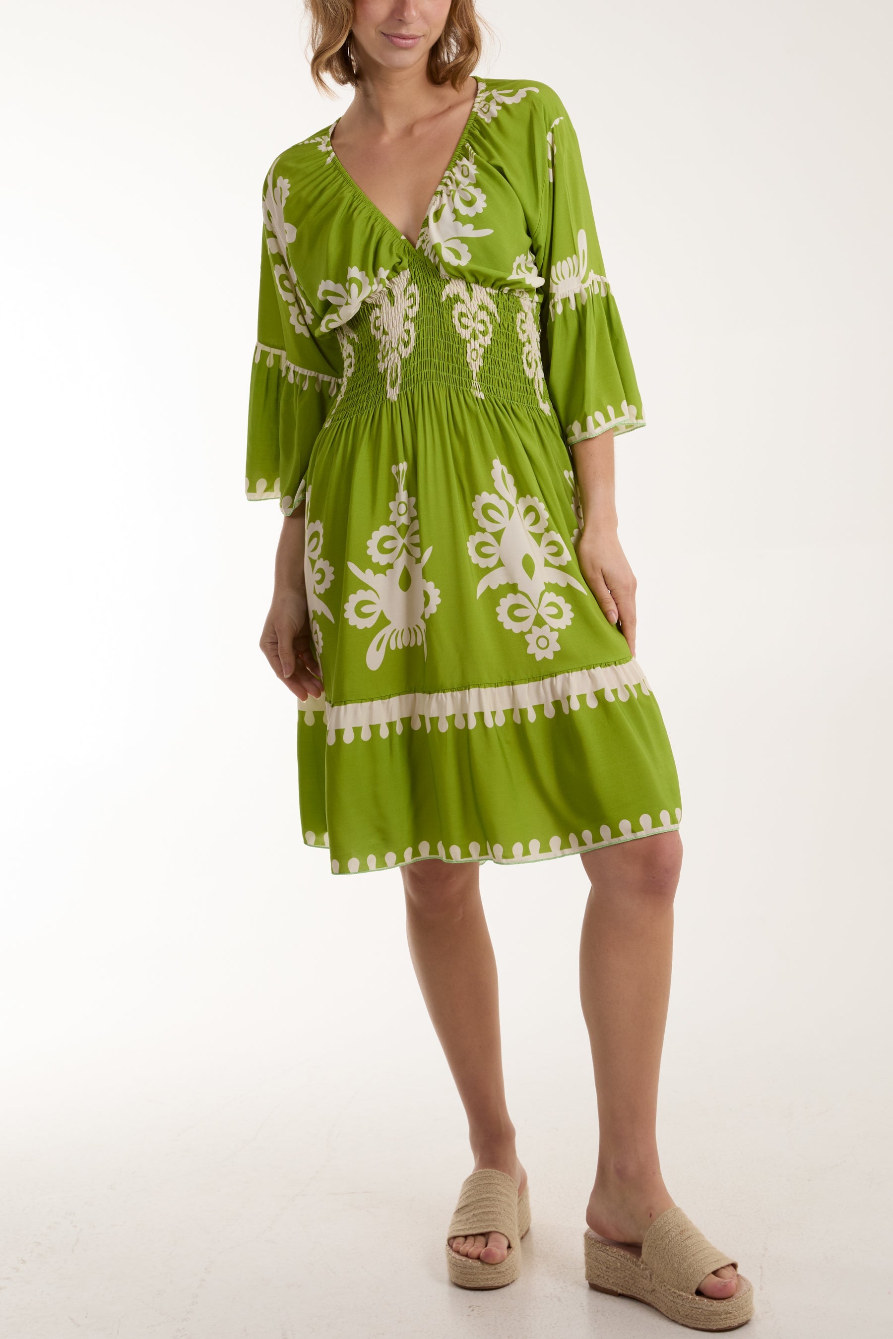 Shirred Bodice Printed Mini Dress Dresses WearAll Lime One Size