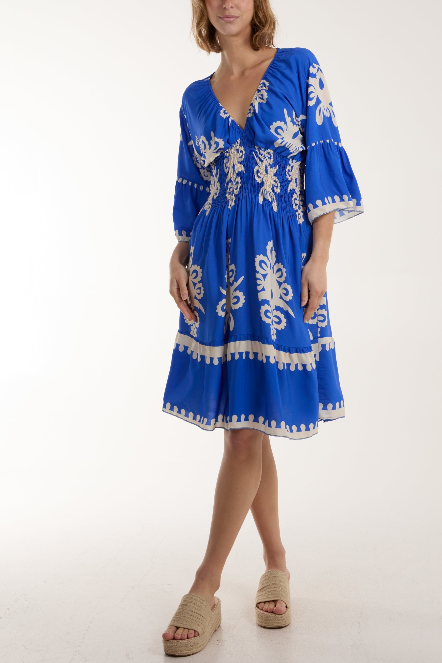 Shirred Bodice Printed Mini Dress Dresses WearAll Royal Blue One Size