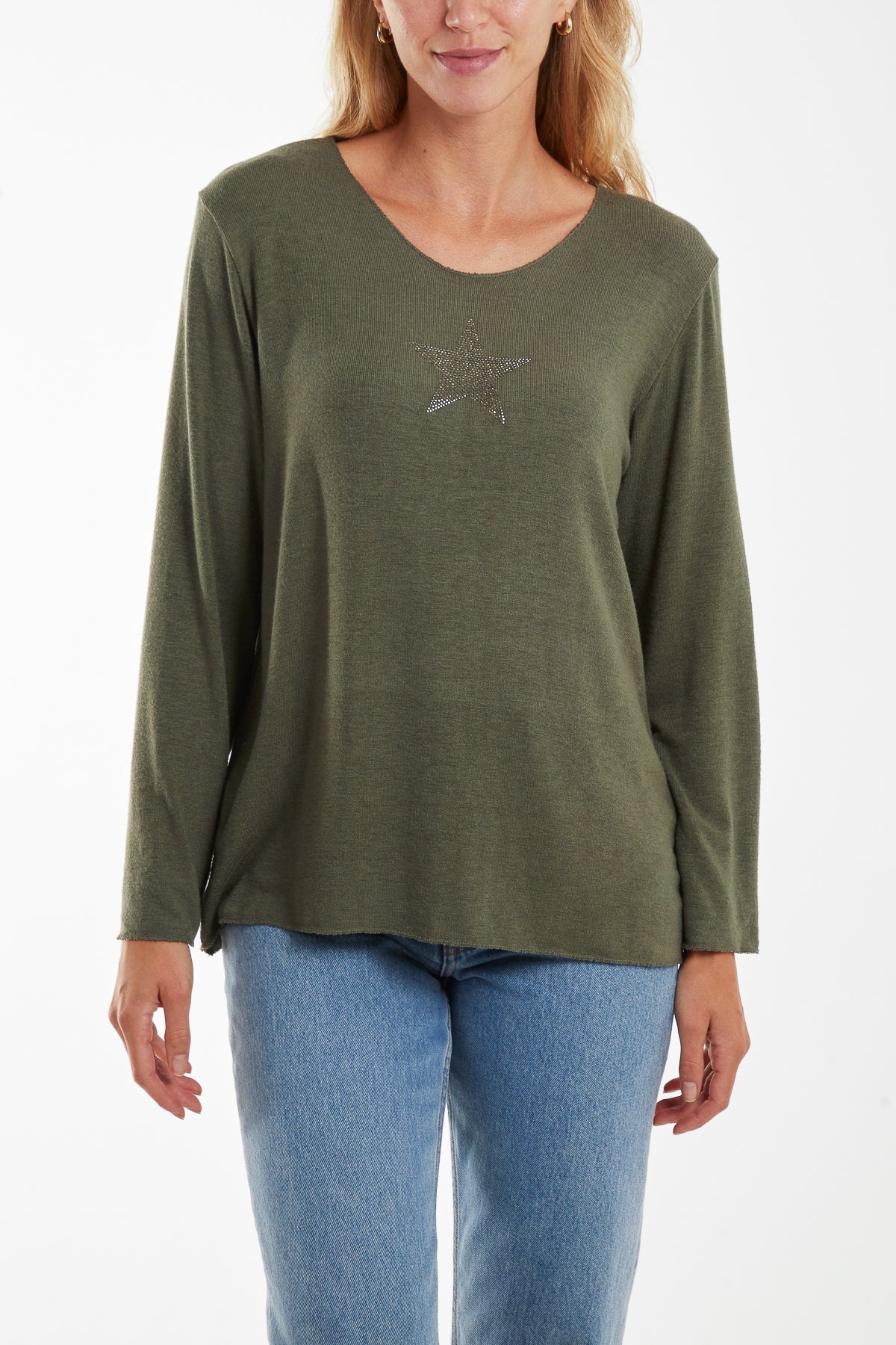 Diamante Star Long Sleeve Jumper Jumpers WearAll Khaki One Size