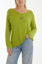 Diamante Star Long Sleeve Jumper Jumpers WearAll Lime One Size