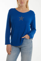 Diamante Star Long Sleeve Jumper Jumpers WearAll Royal Blue One Size
