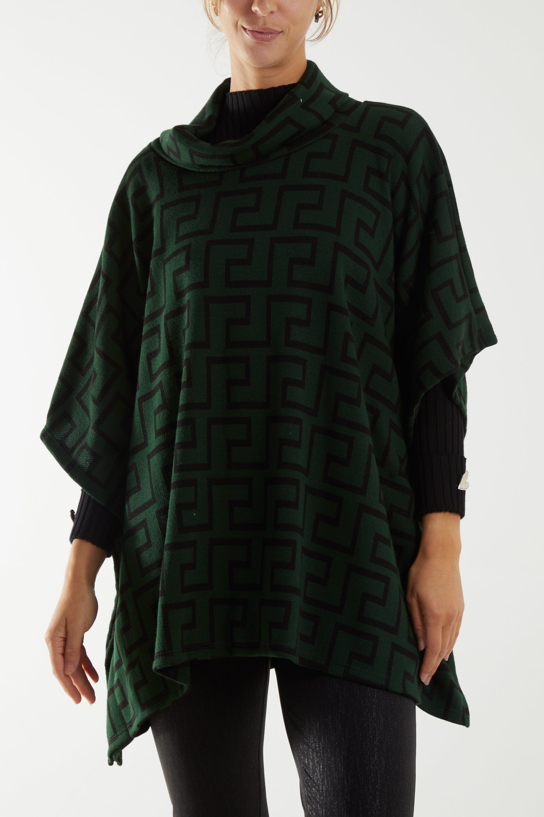 Roll Neck Geometric Pattern Poncho Ponchos WearAll Bottle Green One Size