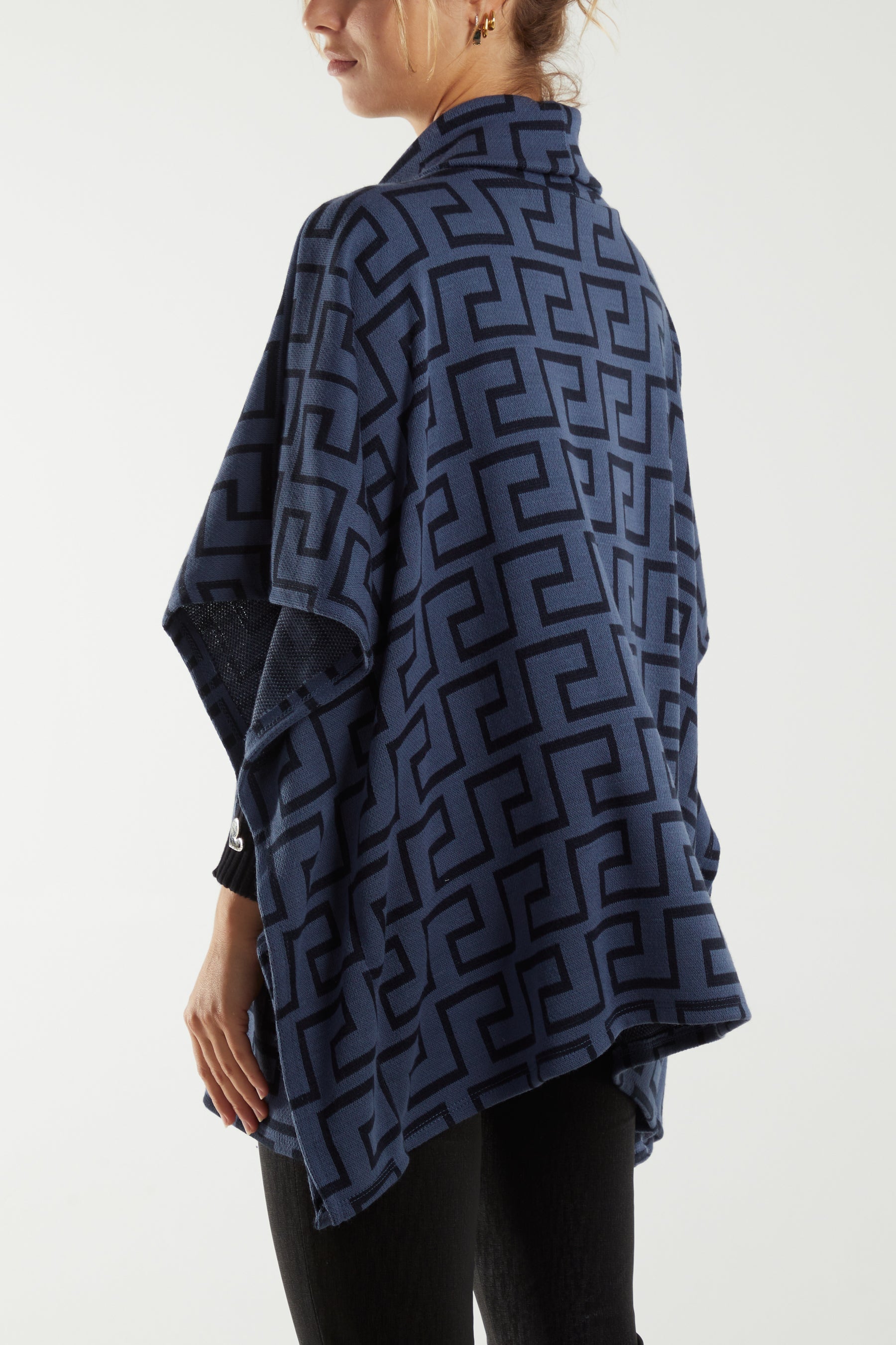 Roll Neck Geometric Pattern Poncho Ponchos WearAll