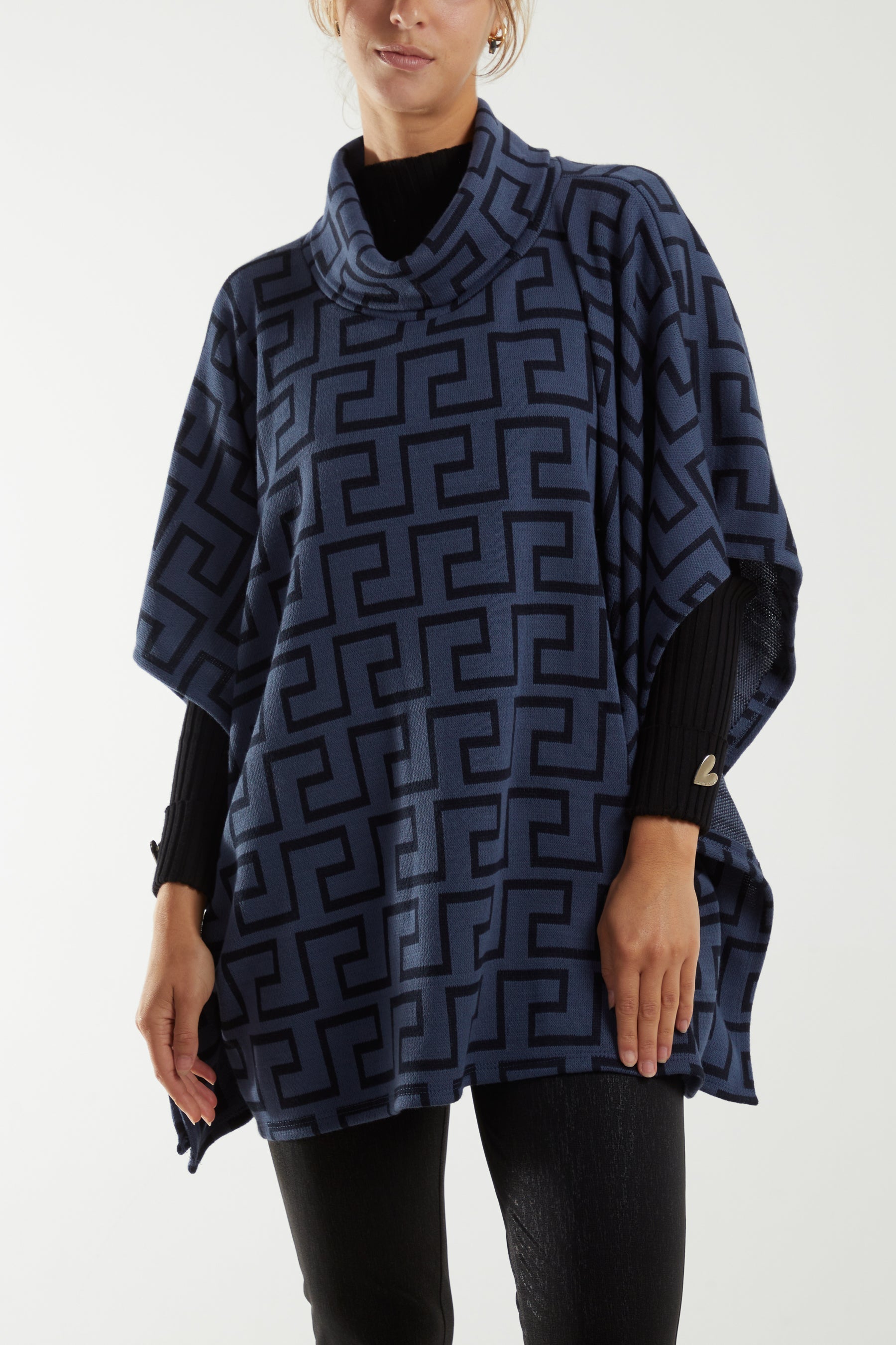 Roll Neck Geometric Pattern Poncho Ponchos WearAll Denim One Size