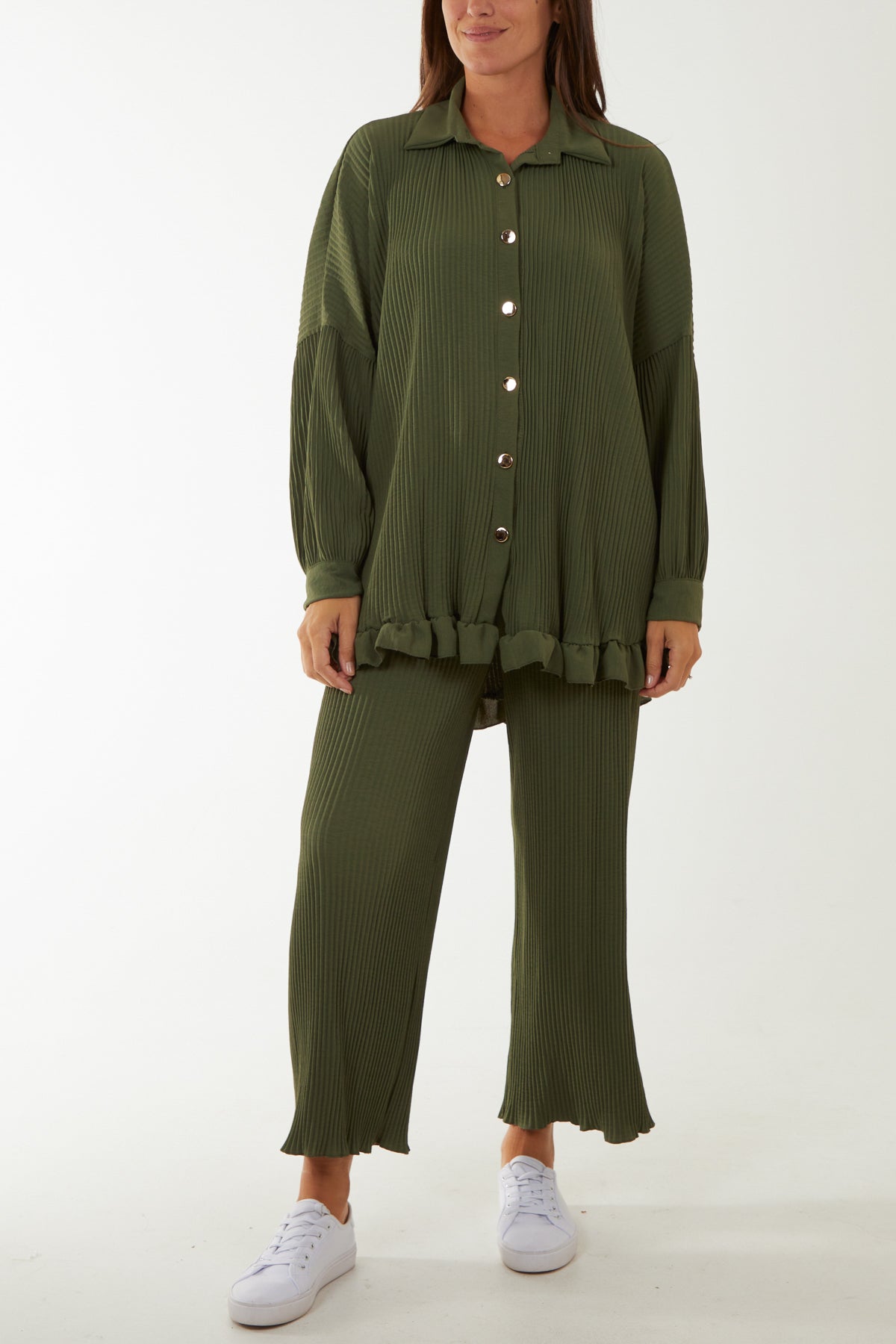 Plisse Shirt & Trouser Co-Ord Set Co-Ords WearAll Khaki One Size