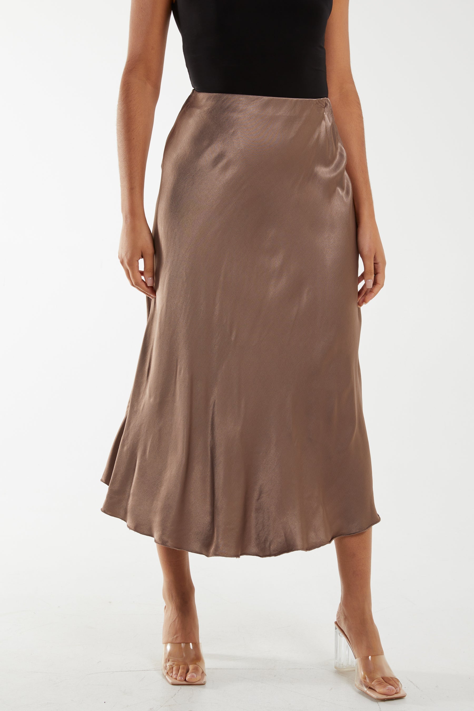 Waistband Satin Midi Skirt Skirts WearAll Mocha One Size