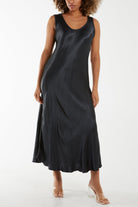 Satin Bias Cut V Neck Maxi Dress Dresses WearAll Charcoal One Size