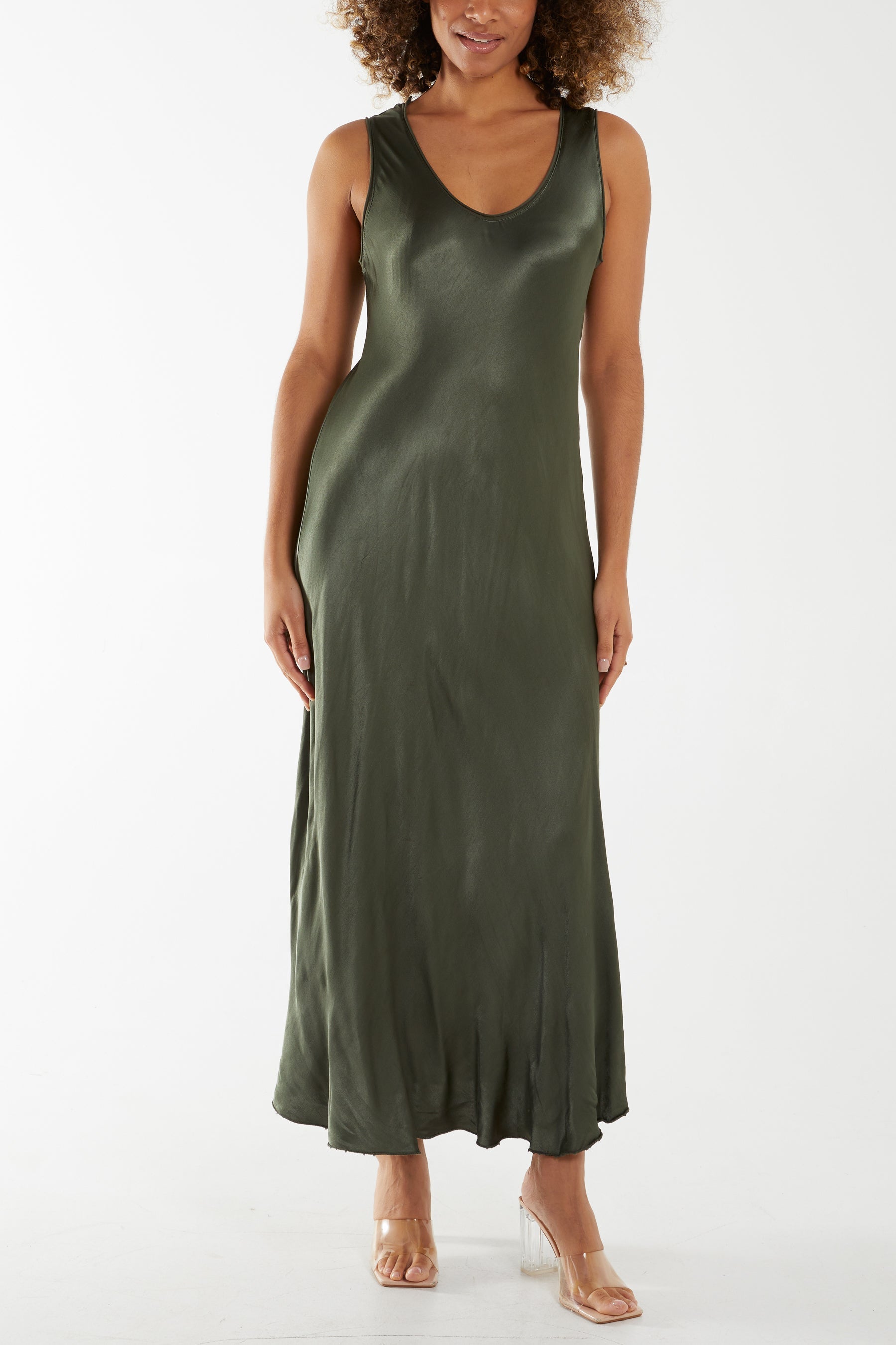 Satin Bias Cut V Neck Maxi Dress Dresses WearAll Khaki One Size