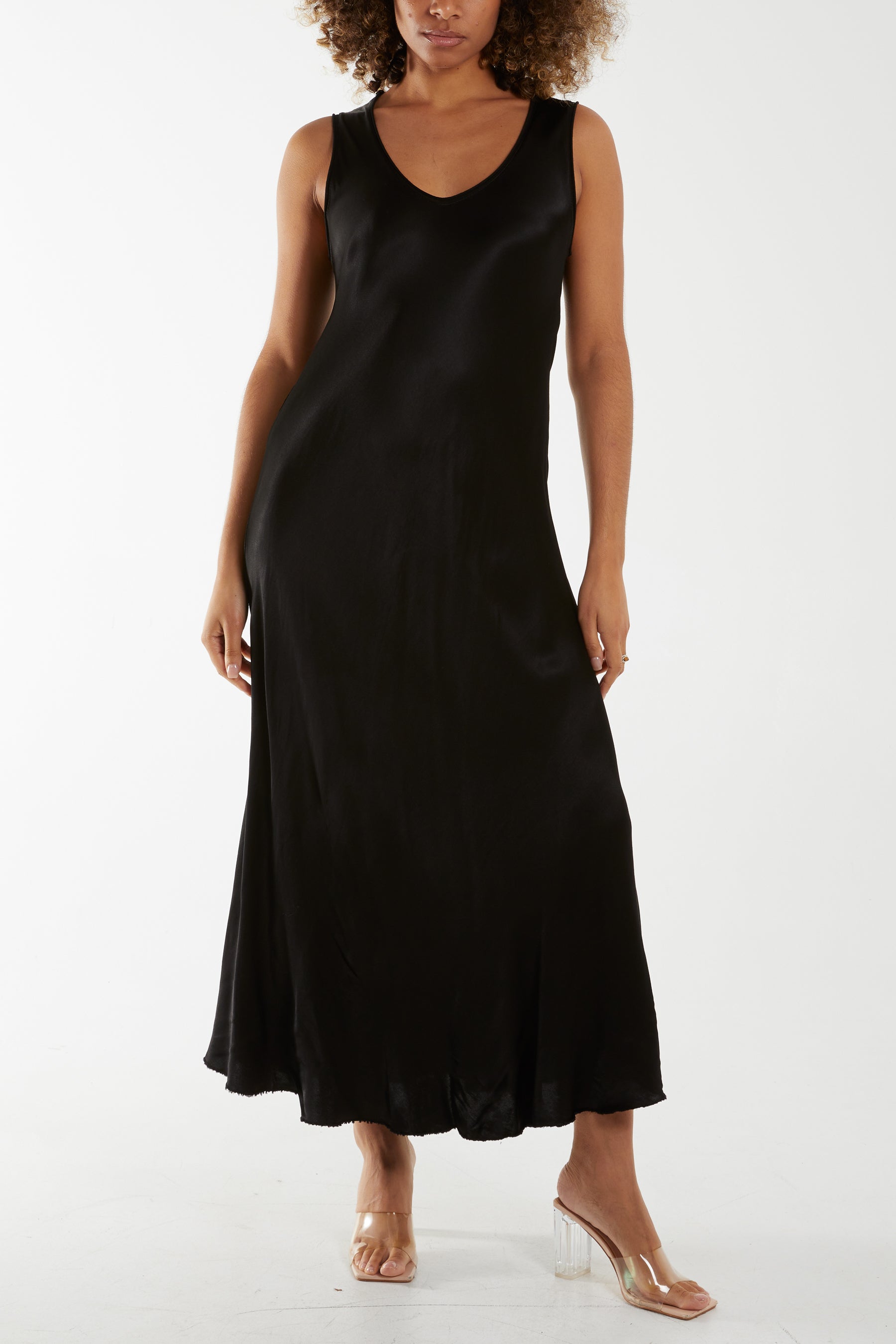 Satin Bias Cut V Neck Maxi Dress Dresses WearAll Black One Size