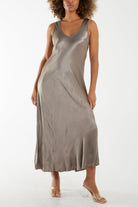 Satin Bias Cut V Neck Maxi Dress Dresses WearAll Mocha One Size