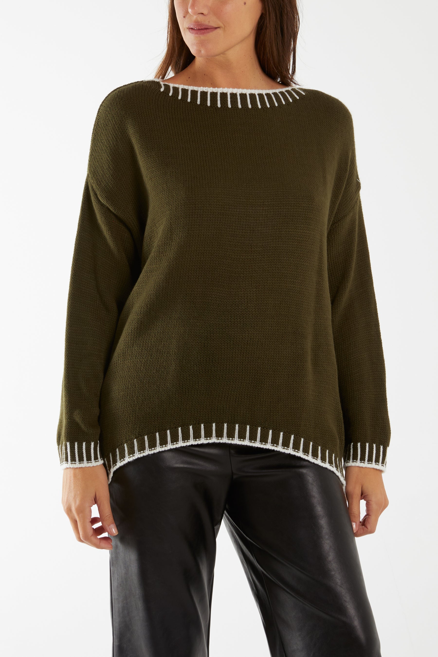 Stitch Edge Round Neck Jumper Jumpers WearAll Khaki One Size