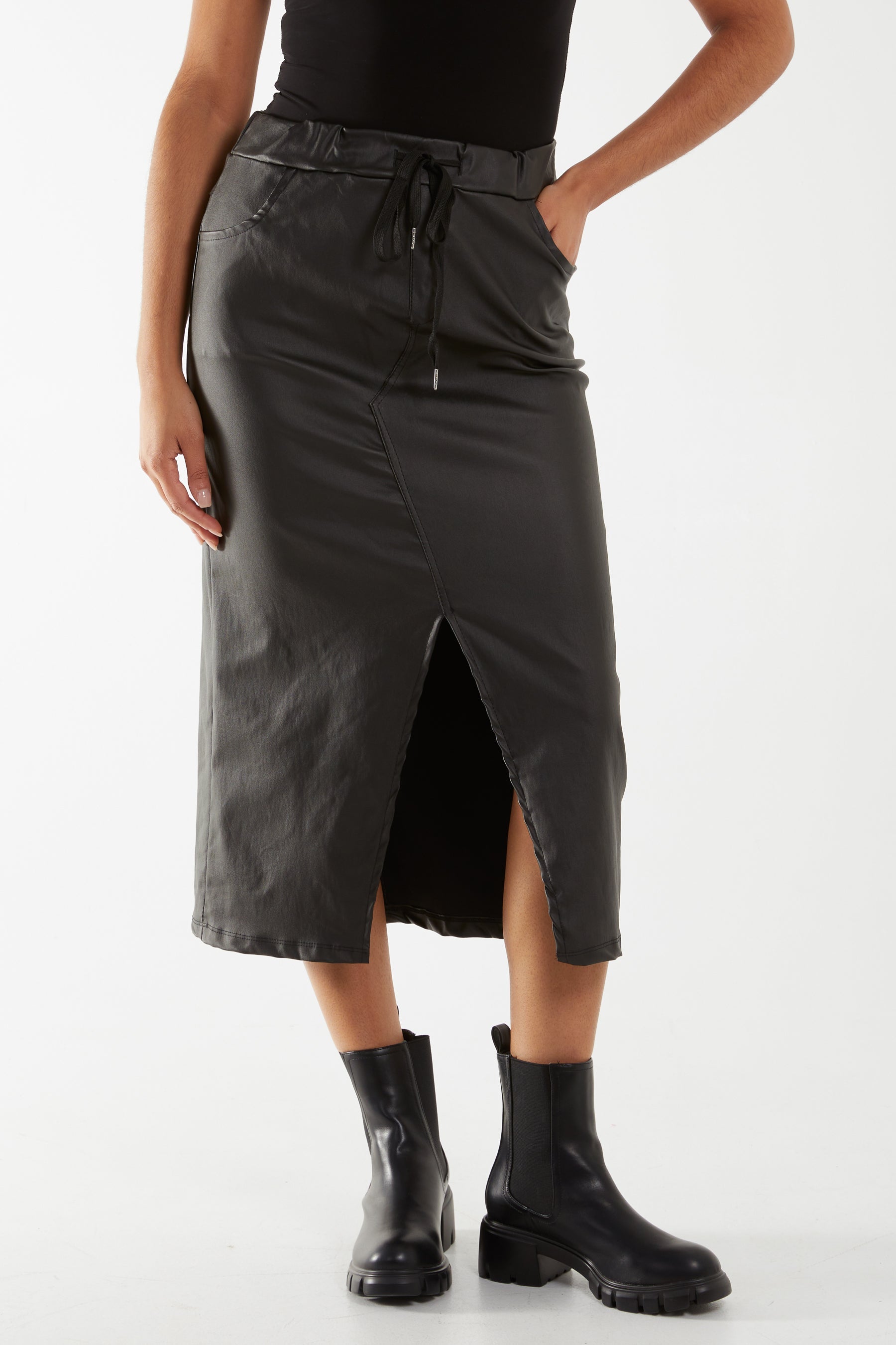 Magic String PU Coated Midi Skirt Skirts WearAll Black One Size