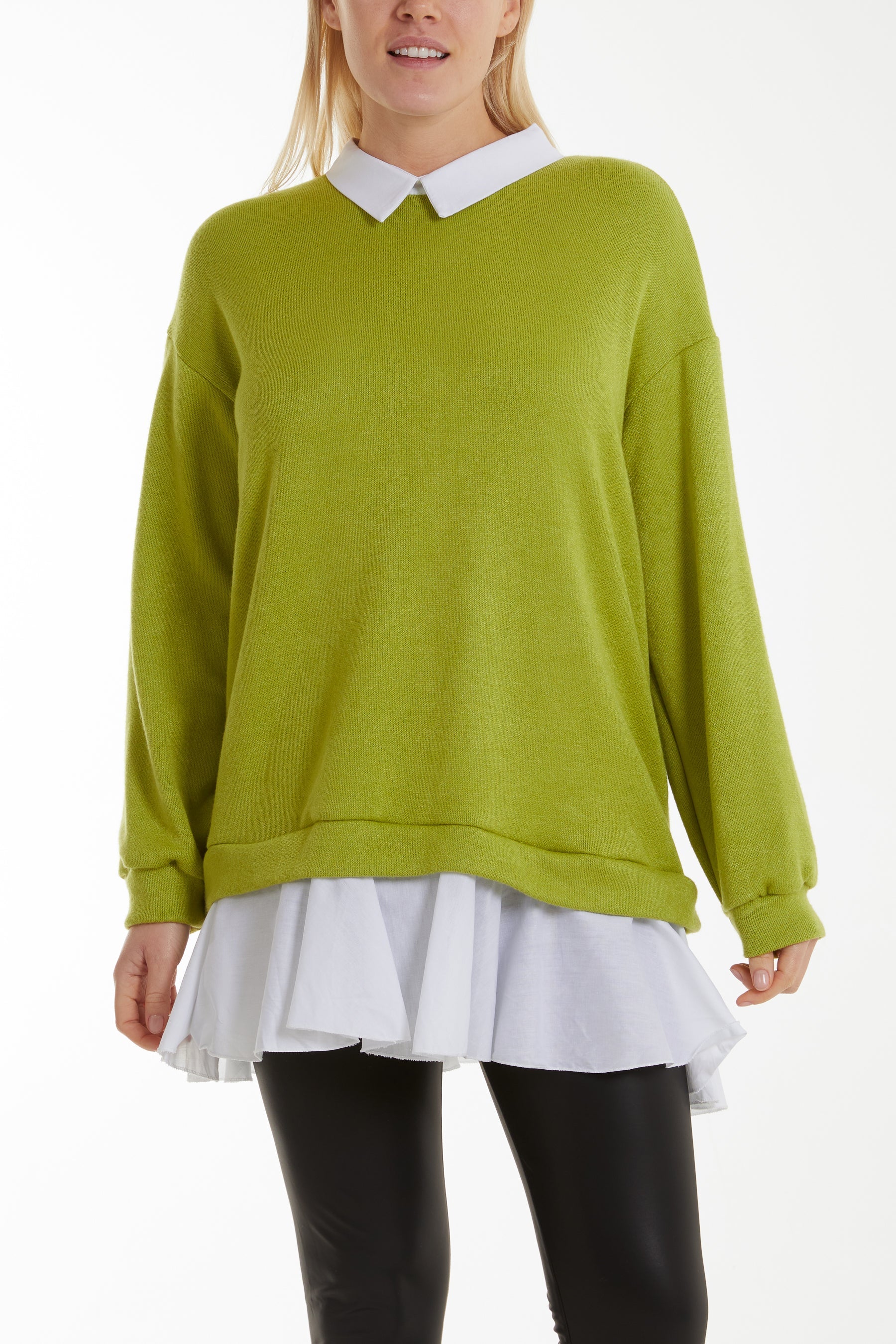 Two In One Knitted Collar Top Jumpers WearAll Lime One Size