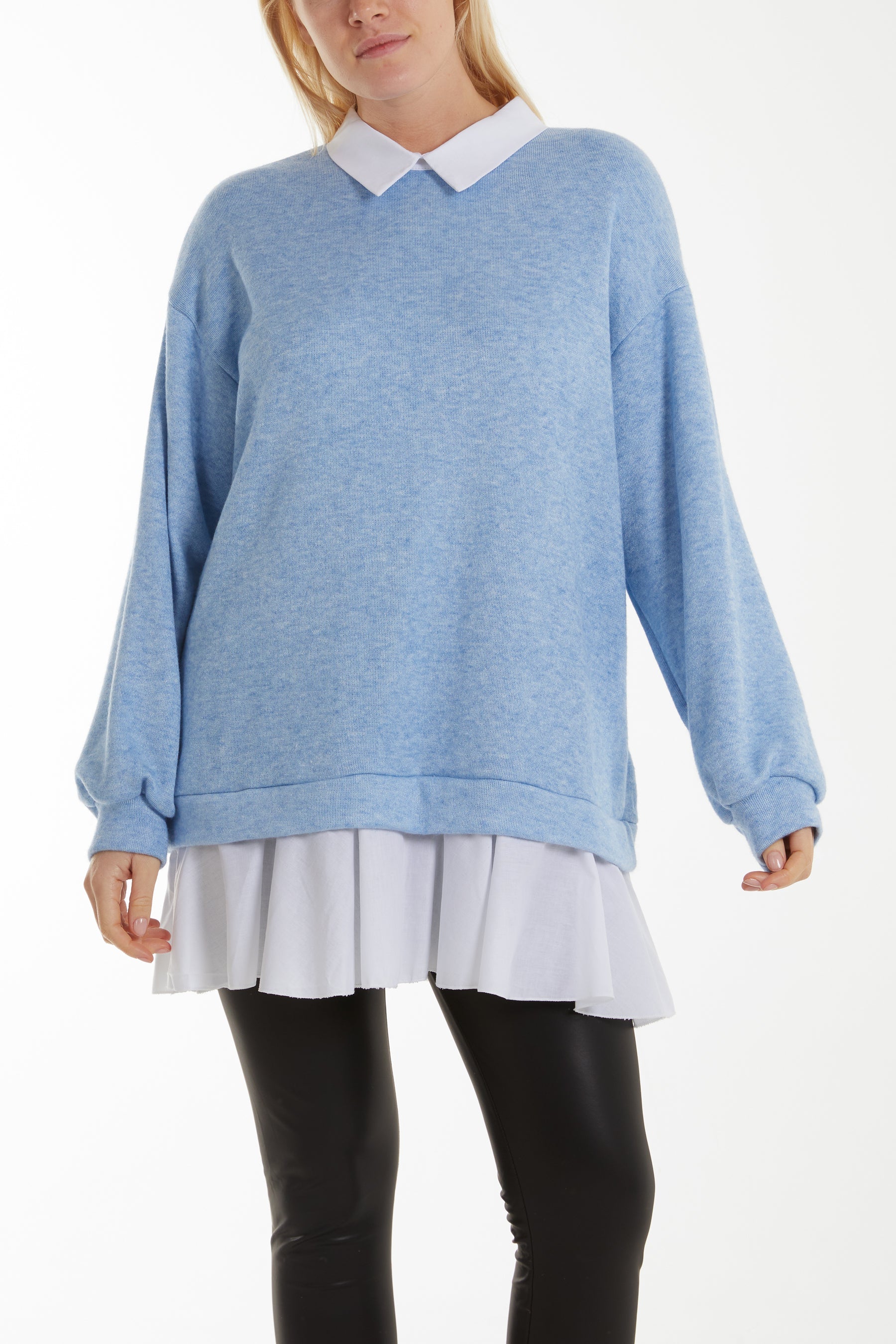 Two In One Knitted Collar Top Jumpers WearAll Light Blue One Size