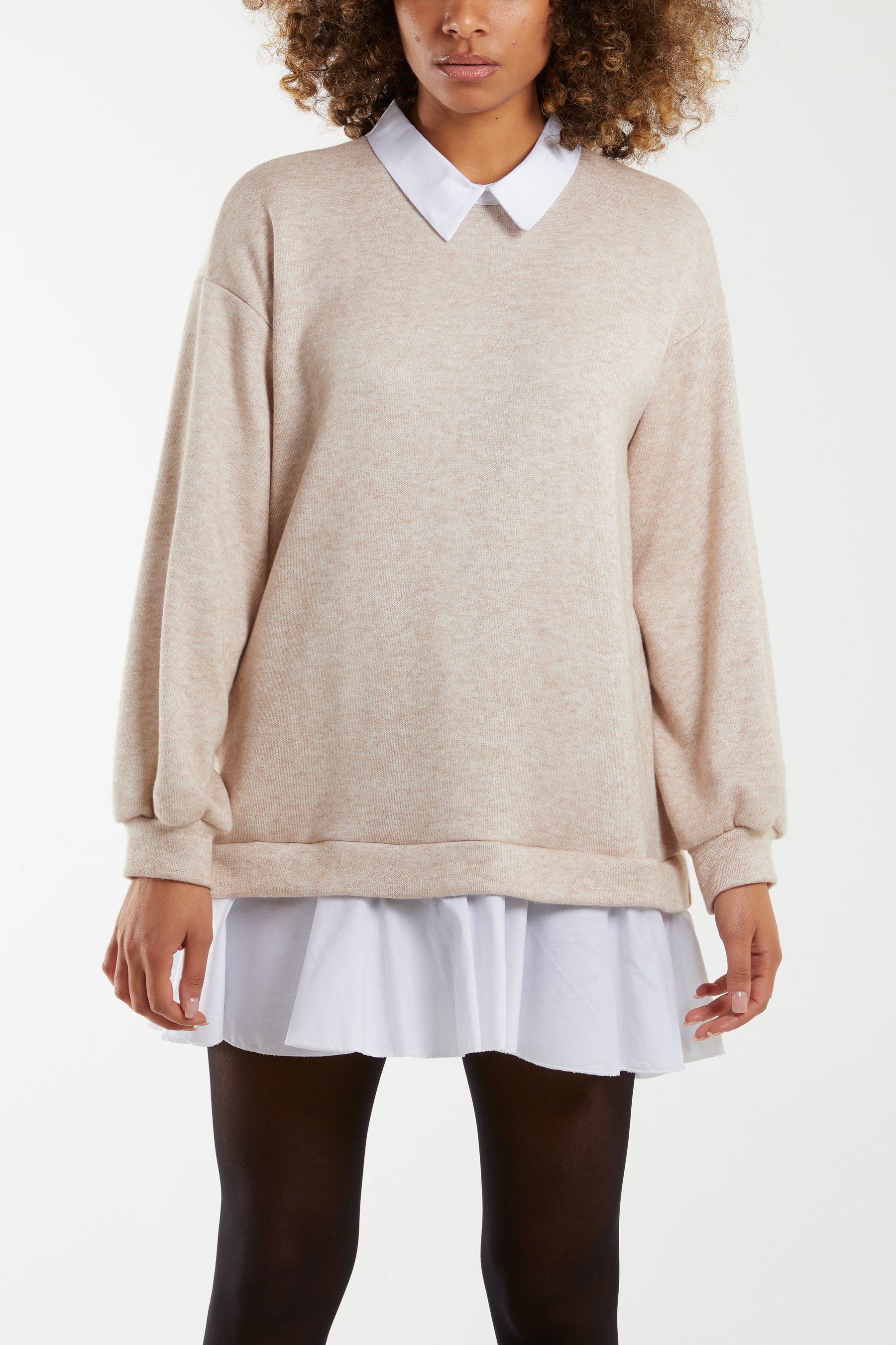 Two In One Knitted Collar Top Jumpers WearAll Stone One Size